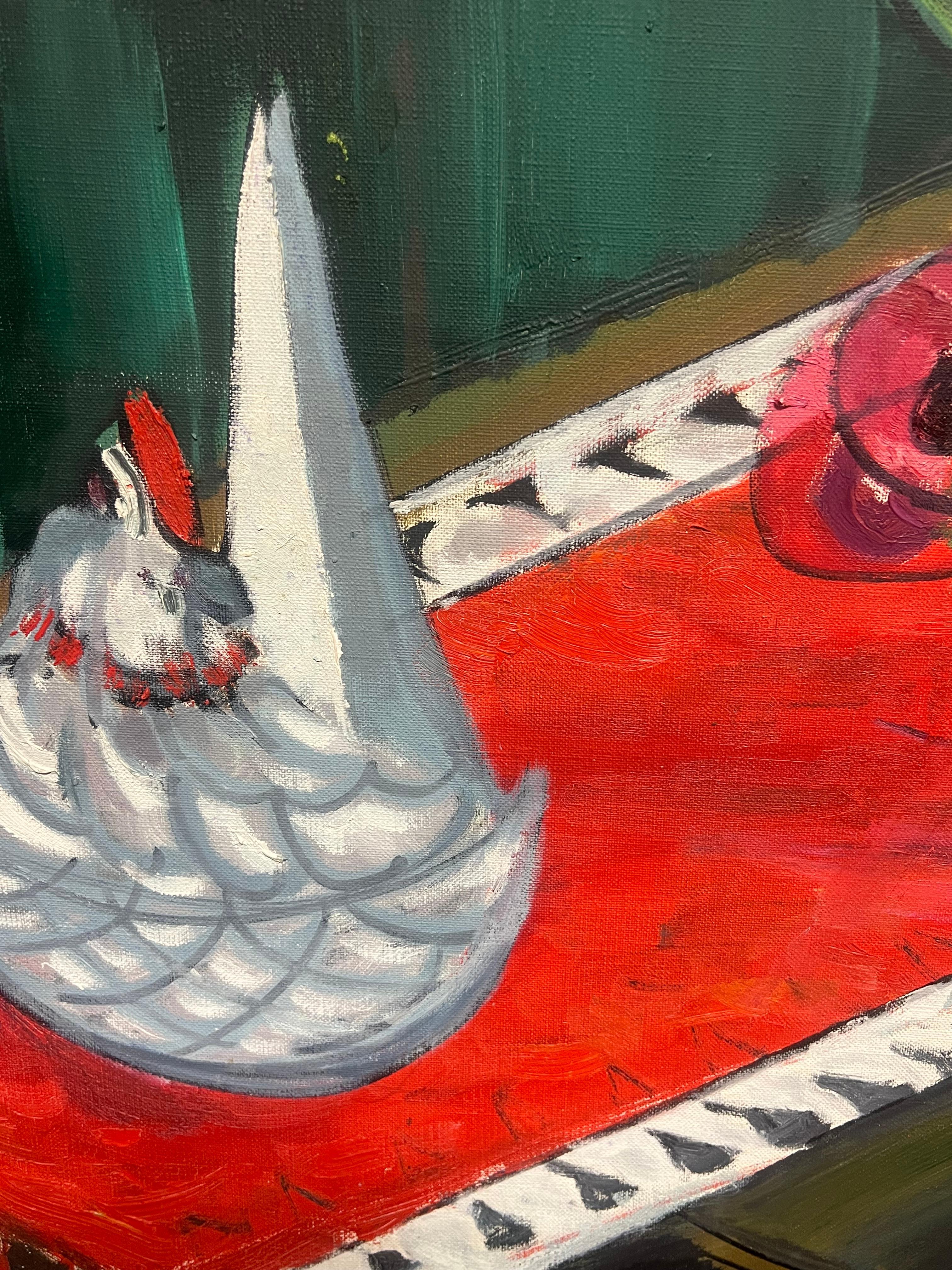 1960's French Modernist Still Life Oil with Ceramic Hen and Red Poppies For Sale 2