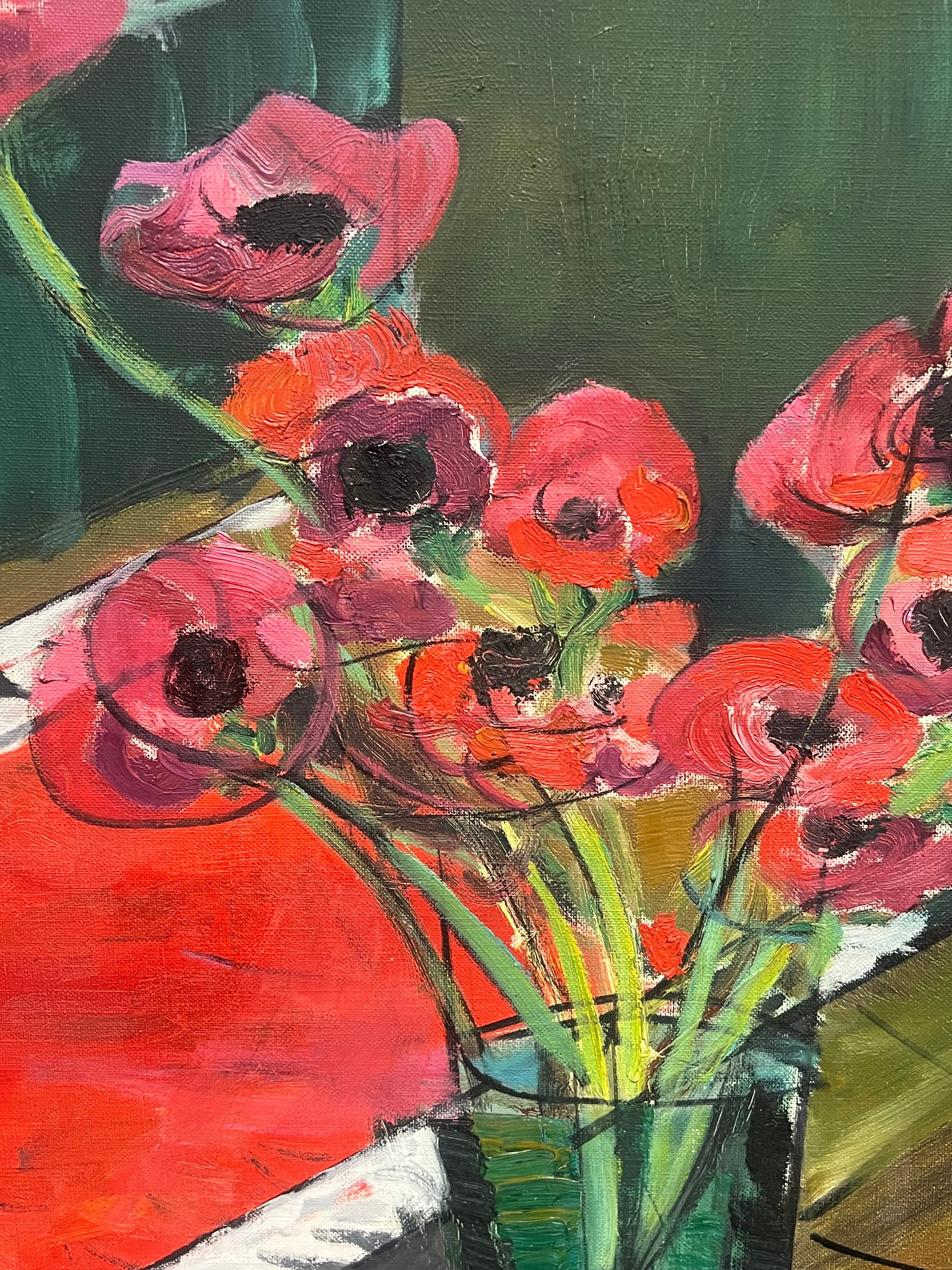 1960's French Modernist Still Life Oil with Ceramic Hen and Red Poppies For Sale 3