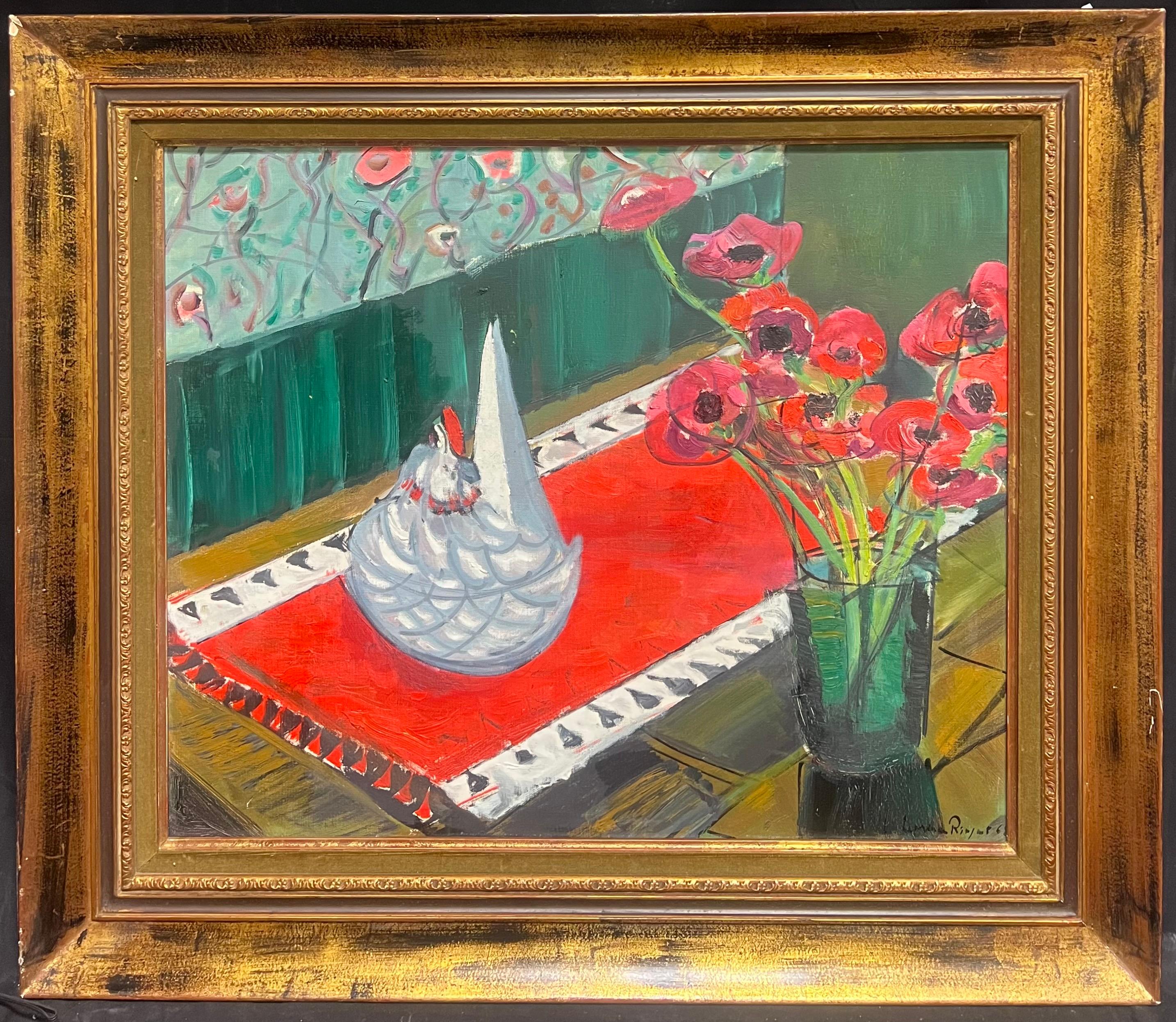 French School Still-Life Painting - 1960's French Modernist Still Life Oil with Ceramic Hen and Red Poppies