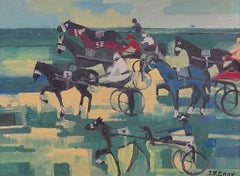 1960's French Oil Painting Horse Racing Harness Carriage Driving with Jockeys