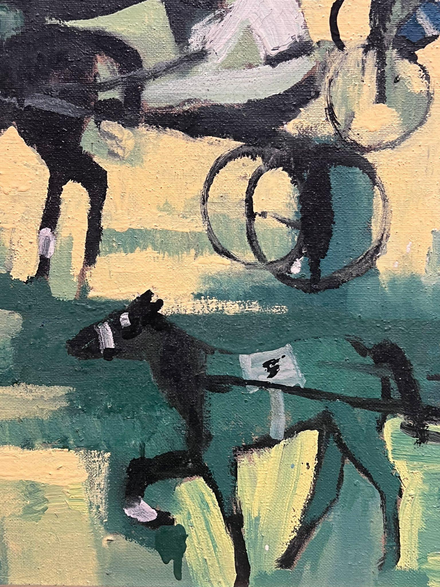 Pintura al óleo francesa de los años 60 Carreras de caballos Carruaje de caballos con jinetes - Painting Moderno de French School
