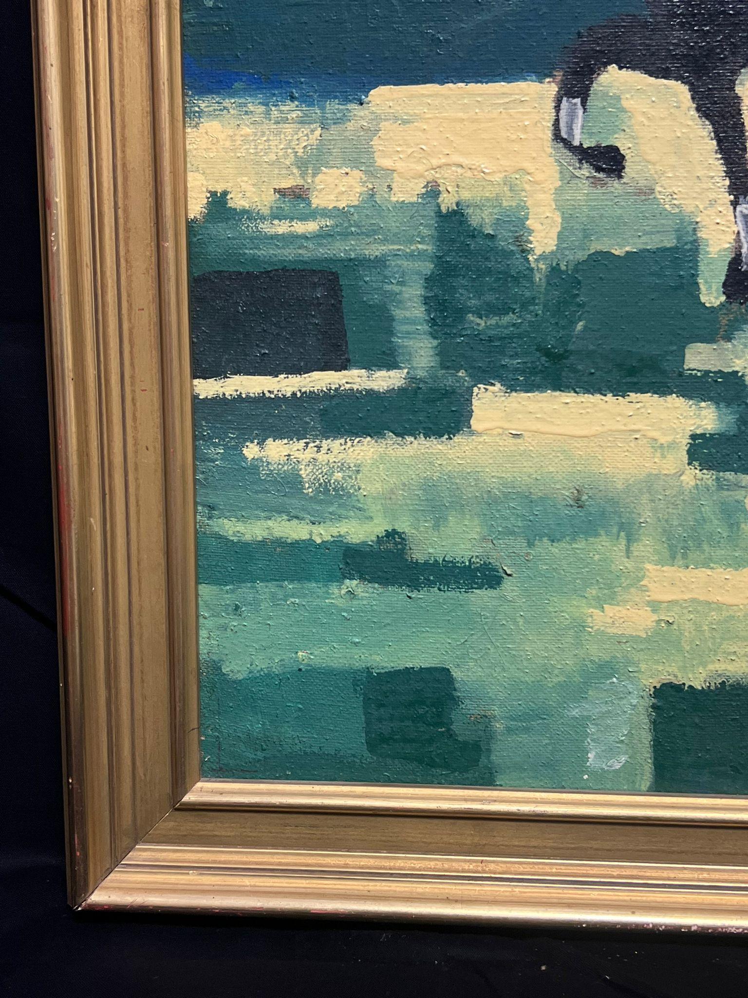 Pintura al óleo francesa de los años 60 Carreras de caballos Carruaje de caballos con jinetes en venta 1