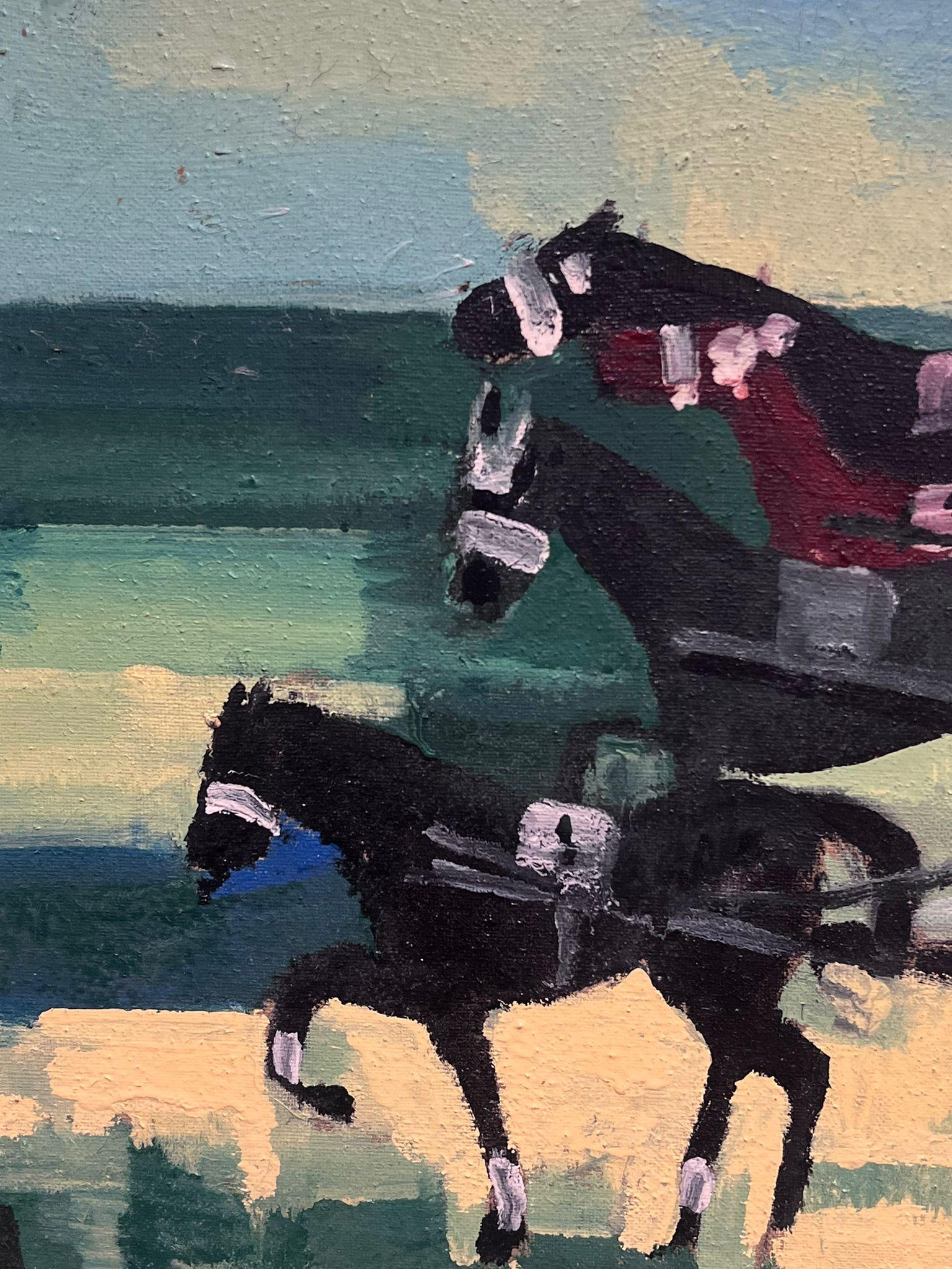 Pintura al óleo francesa de los años 60 Carreras de caballos Carruaje de caballos con jinetes en venta 2