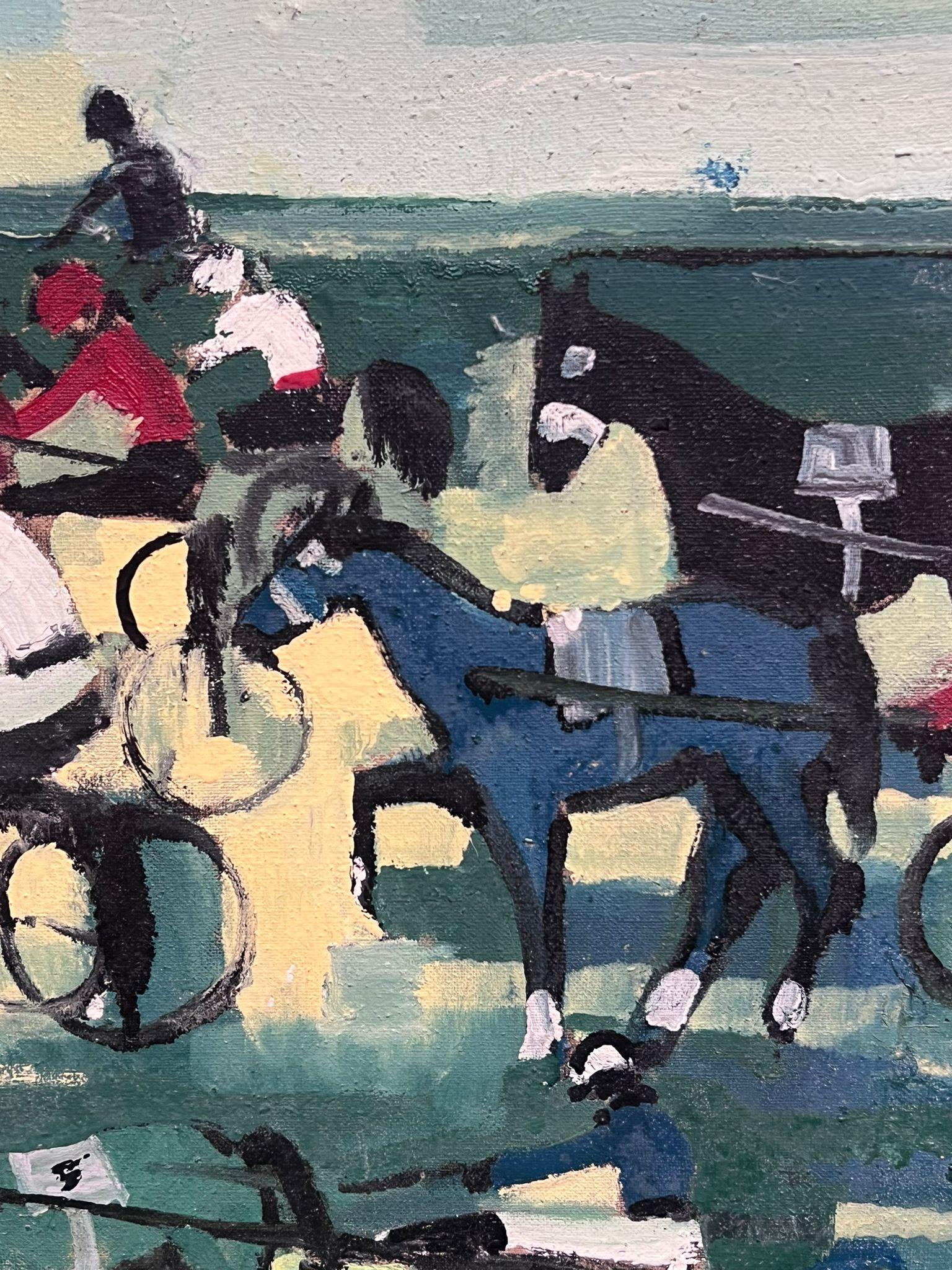 Pintura al óleo francesa de los años 60 Carreras de caballos Carruaje de caballos con jinetes en venta 3