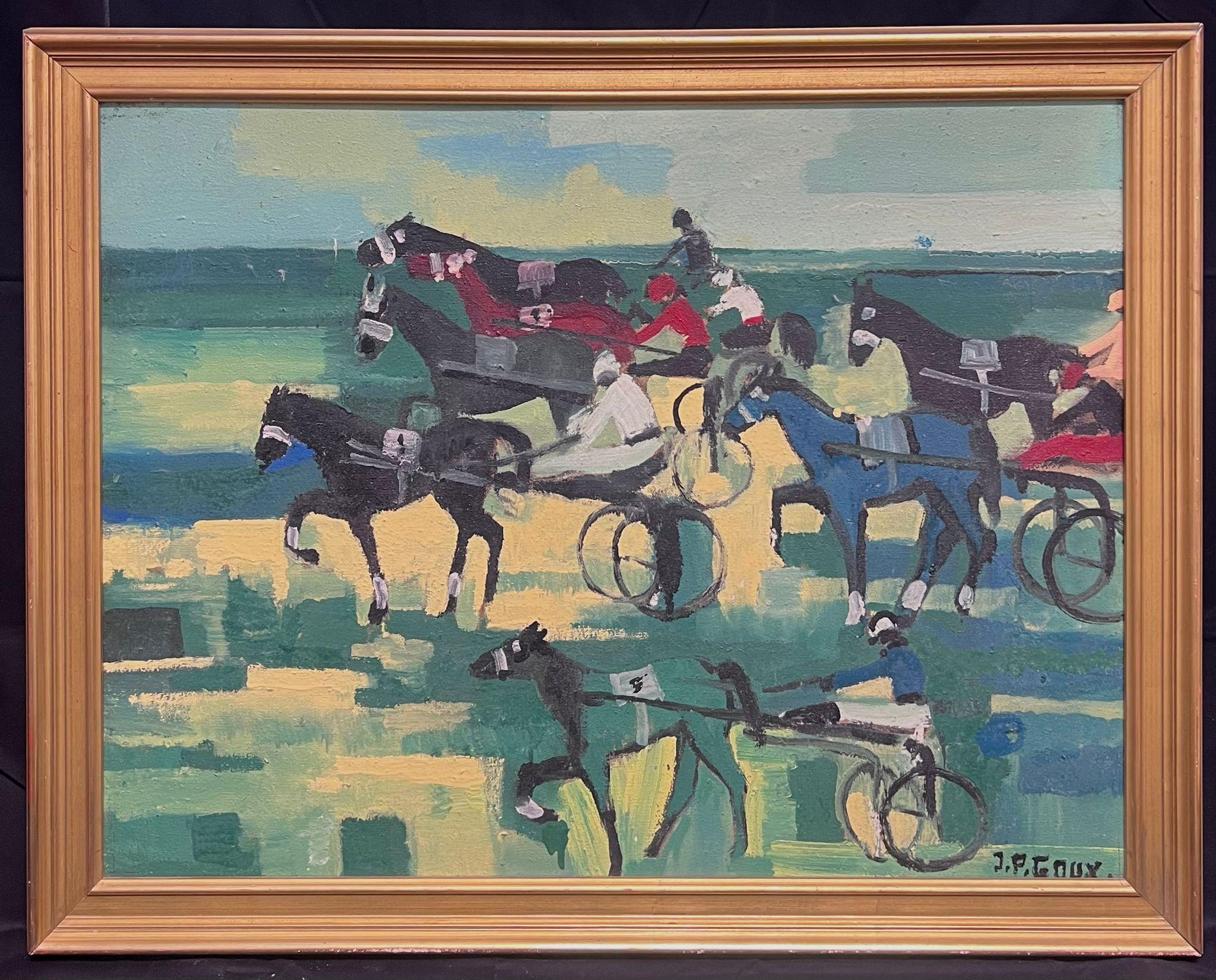 Animal Painting de French School - Pintura al óleo francesa de los años 60 Carreras de caballos Carruaje de caballos con jinetes