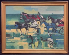 Peinture à l'huile des années 1960, courses de chevaux, attelage et jockeys