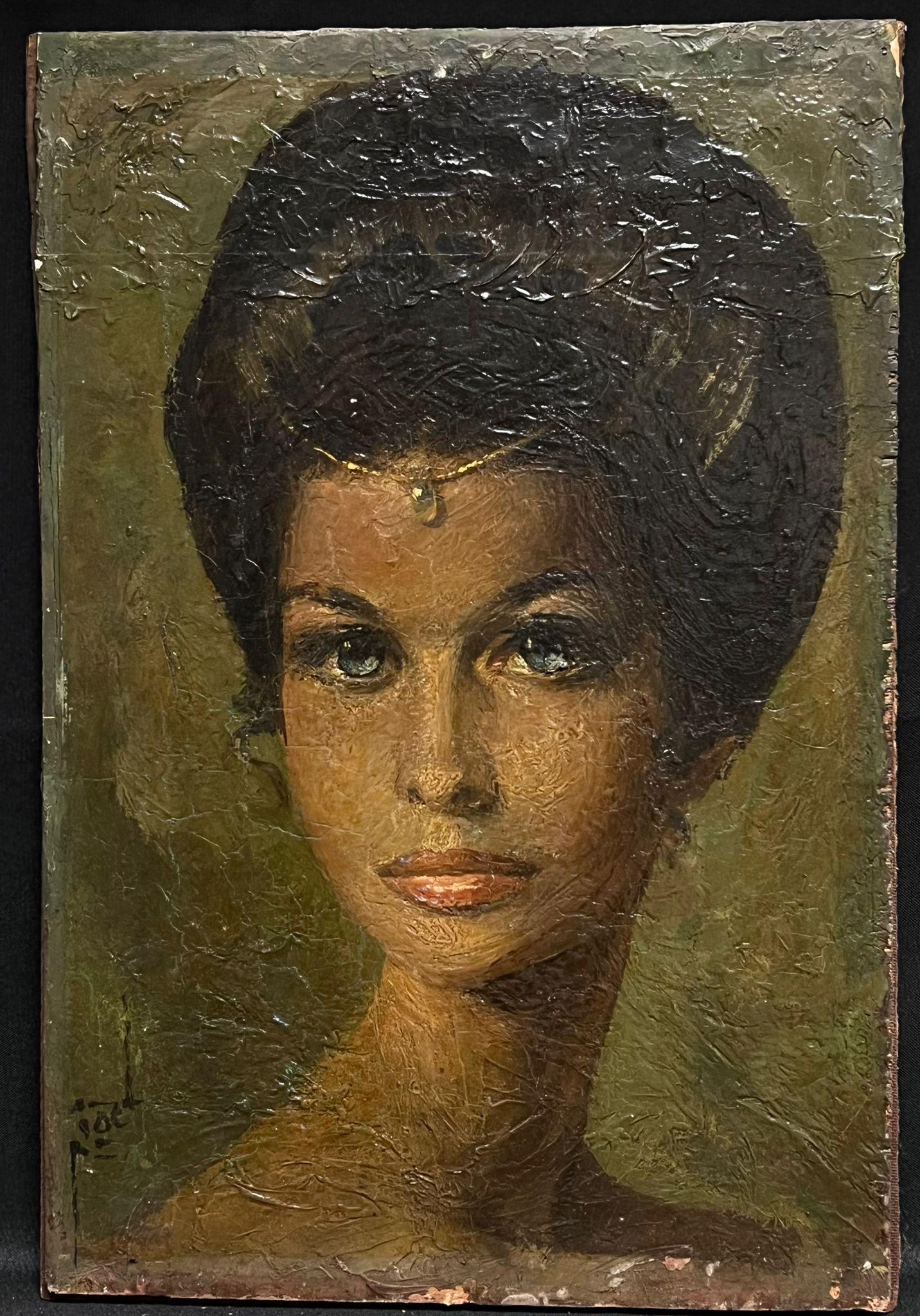 Portrait of a Lady
French School, circa 1960's
indistinctly signed 
oil on board, unframed
board: 19 x 12.5 inches
provenance: private collection, France
condition: some paint loss to the lower section and a glazed varnish, but overall good and