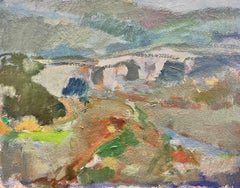 French School - 1960’s French Post-Impressionist Oil Green Moody Colors Landscape with Bridge 1960’s French Post-Impressionist Oil Green Moody Colors Landscape with Bridge