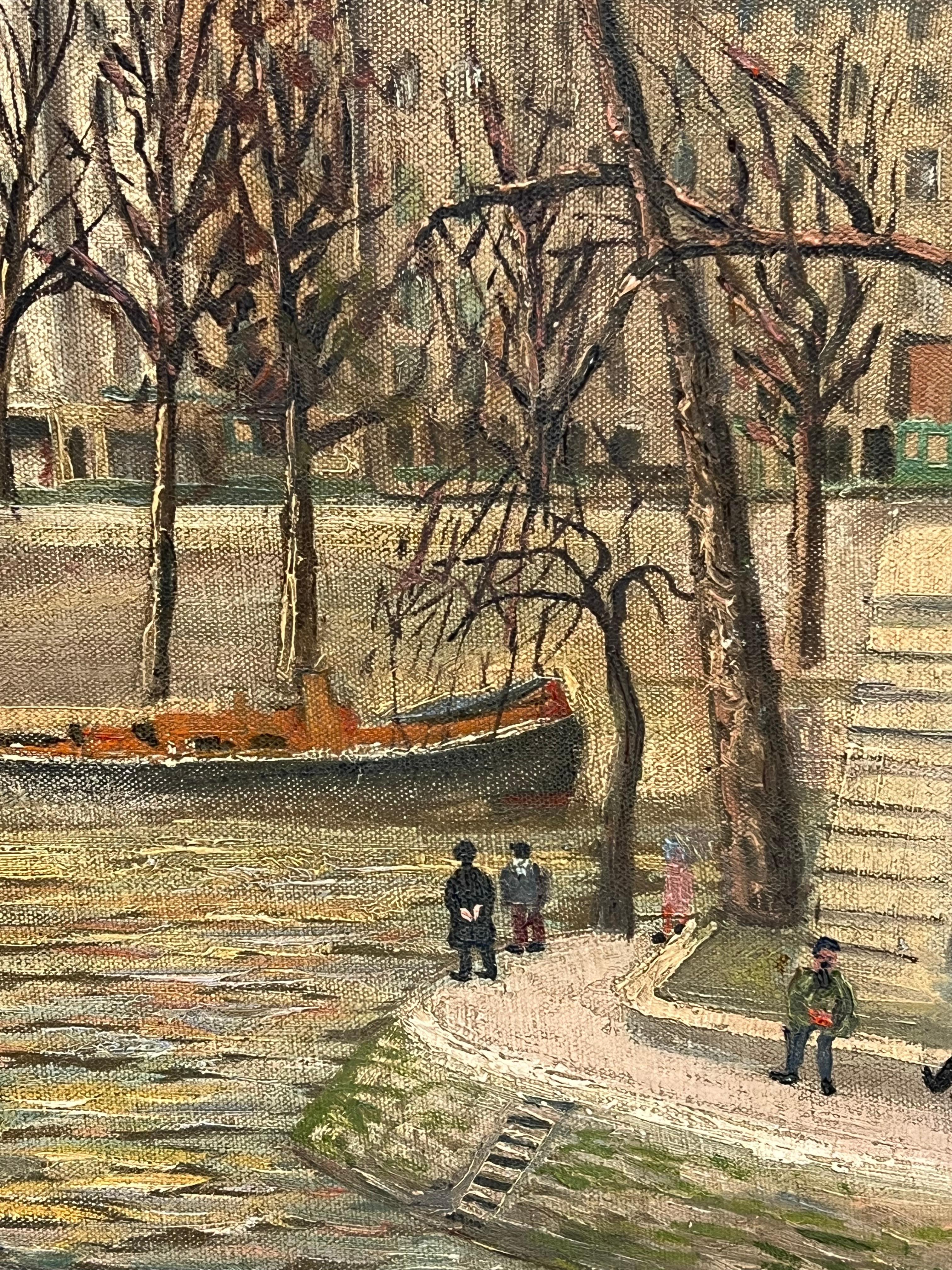 1960's French Signed Oil Figures on Parisian River Seine Island I'le de Citi For Sale 5