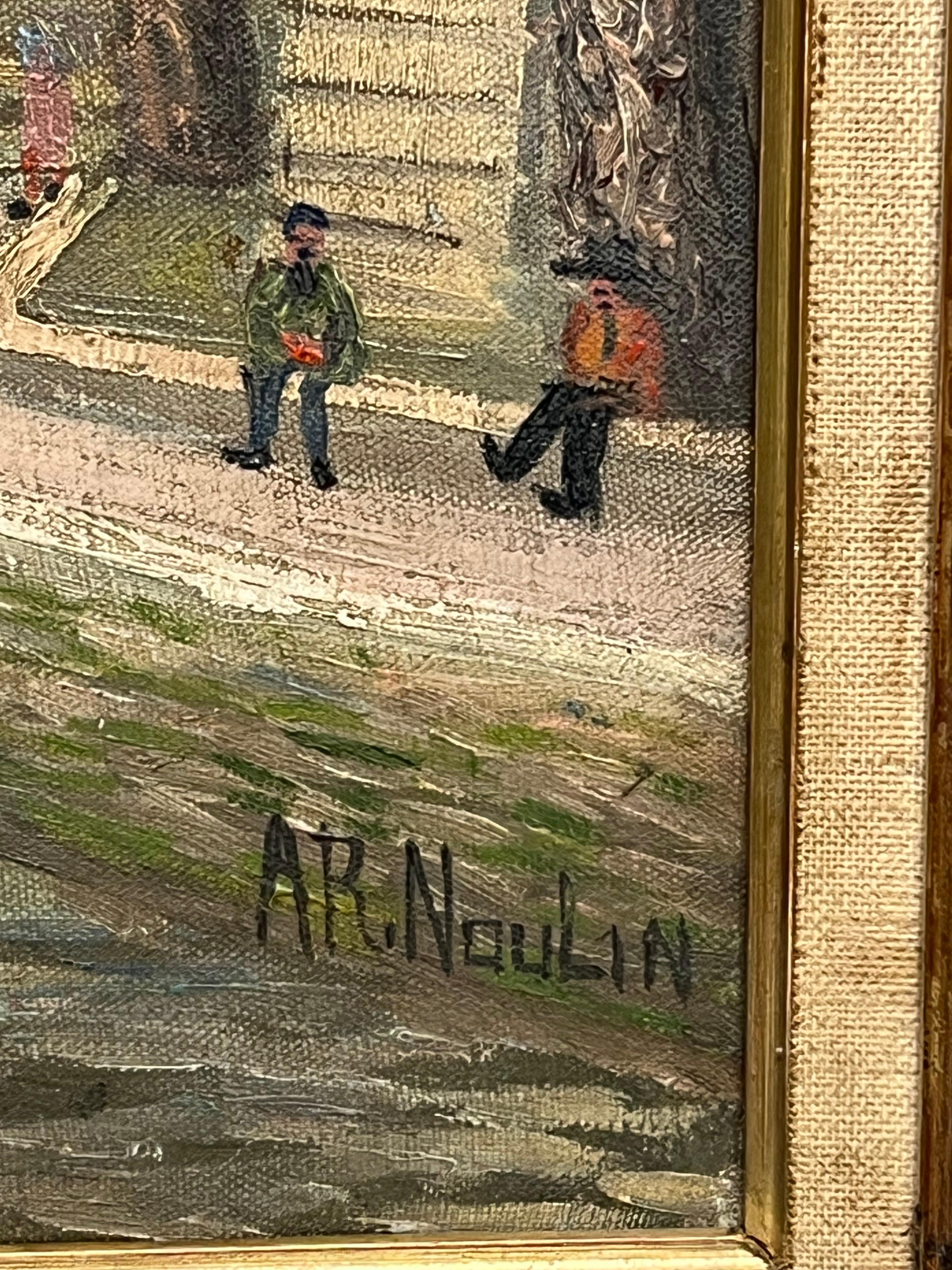1960's French Signed Oil Figures on Parisian River Seine Island I'le de Citi For Sale 6