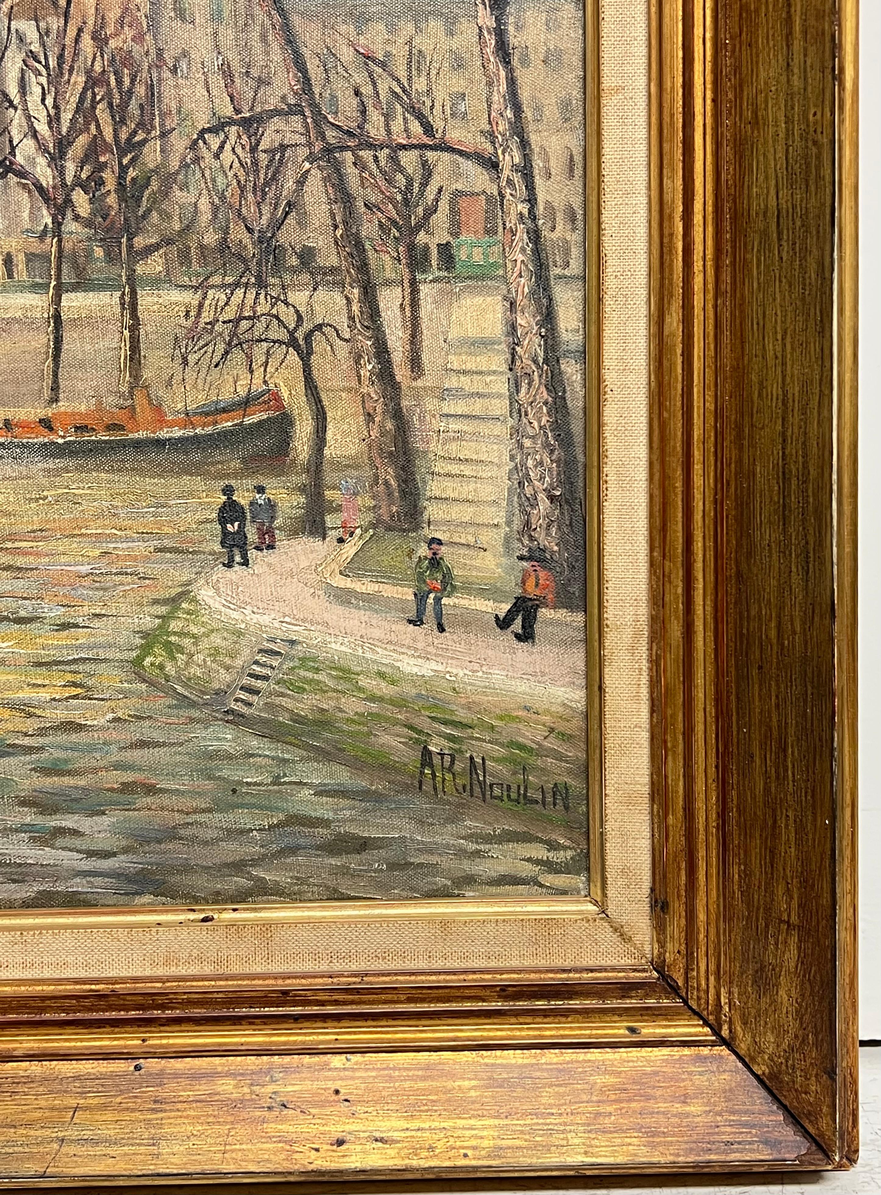 1960's French Signed Oil Figures on Parisian River Seine Island I'le de Citi For Sale 7