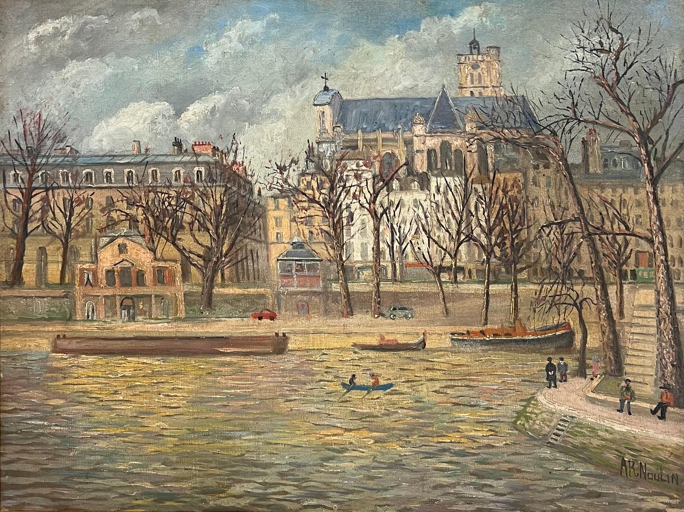 1960's French Signed Oil Figures on Parisian River Seine Island I'le de Citi - Painting by French School