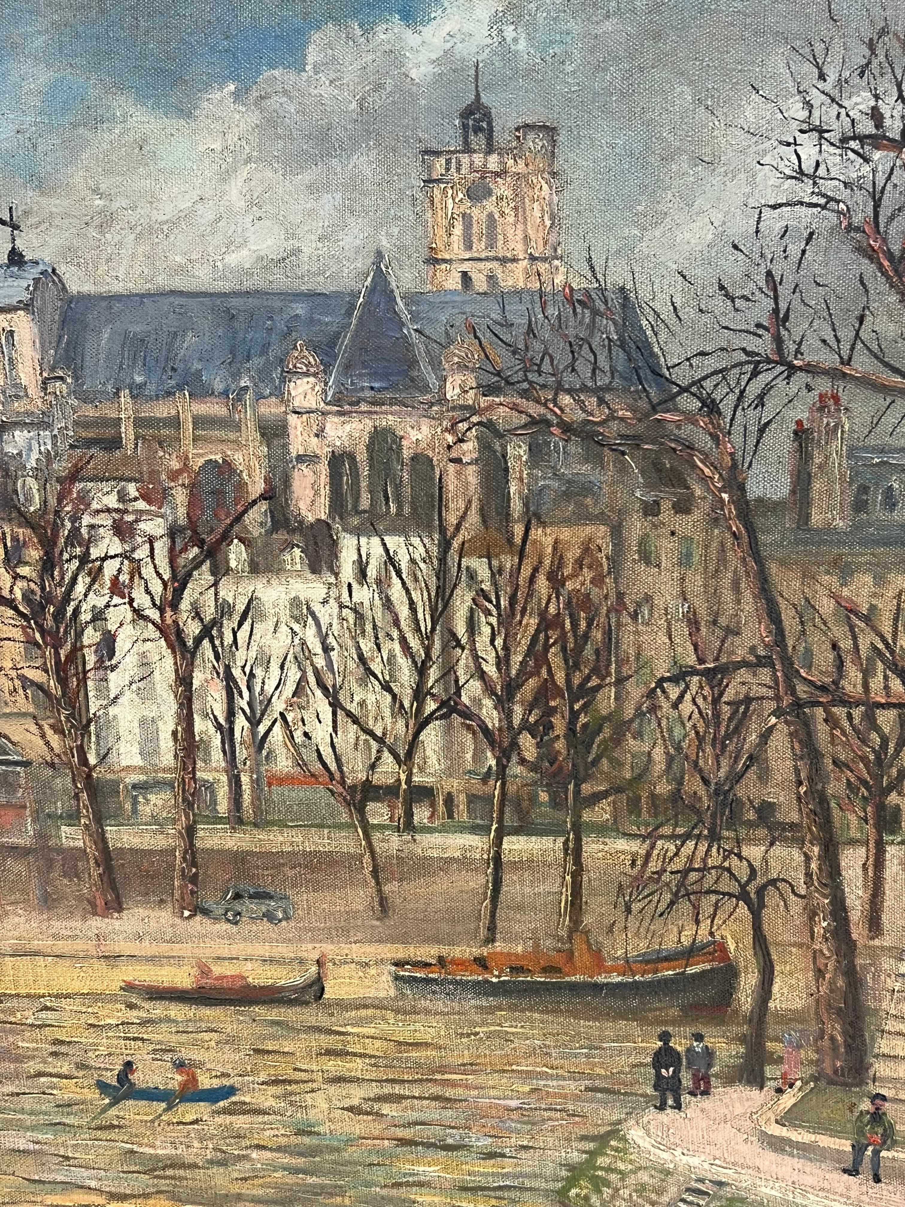 1960's French Signed Oil Figures on Parisian River Seine Island I'le de Citi - French School Painting by French School