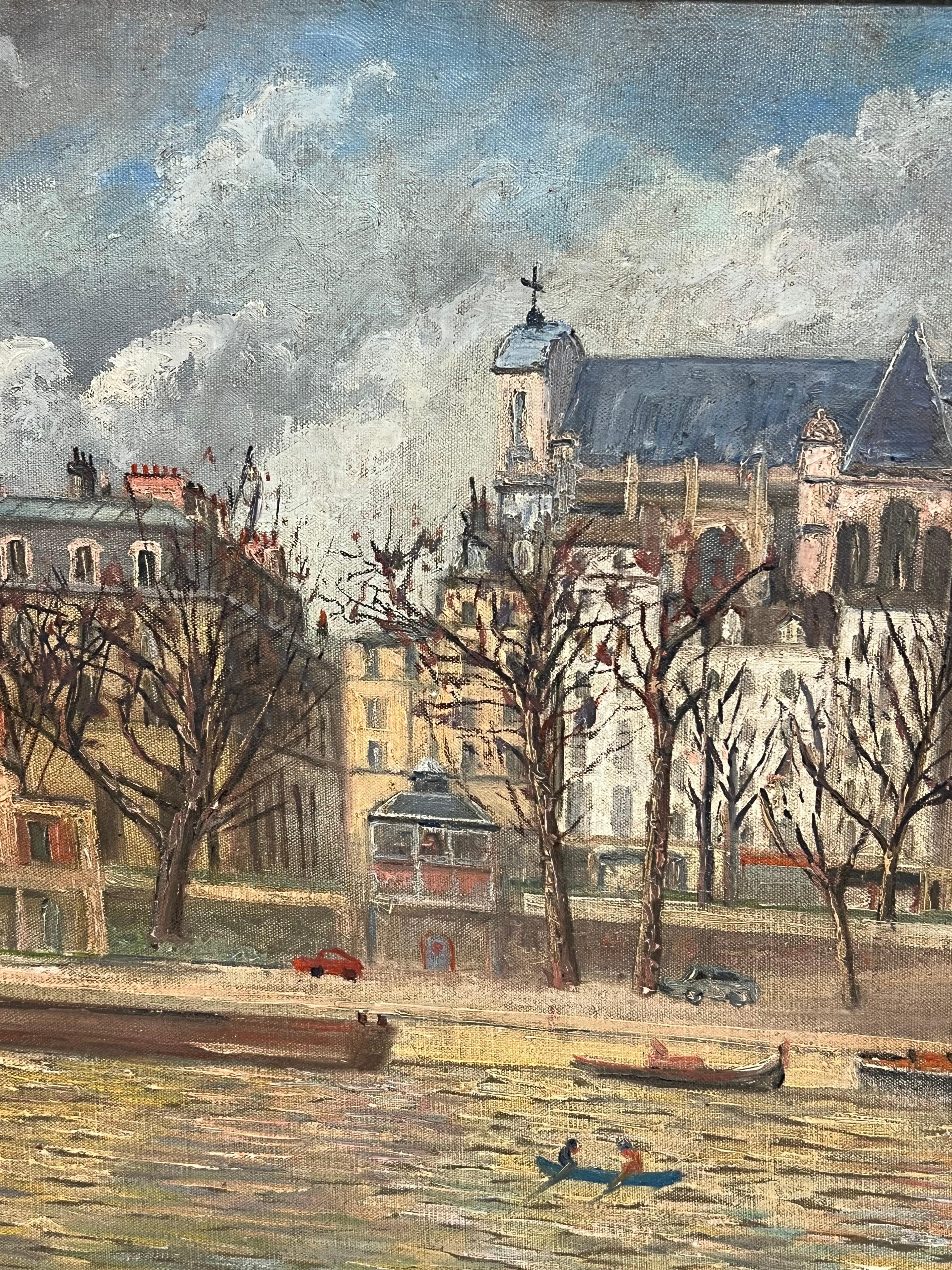 1960's French Signed Oil Figures on Parisian River Seine Island I'le de Citi - Brown Figurative Painting by French School