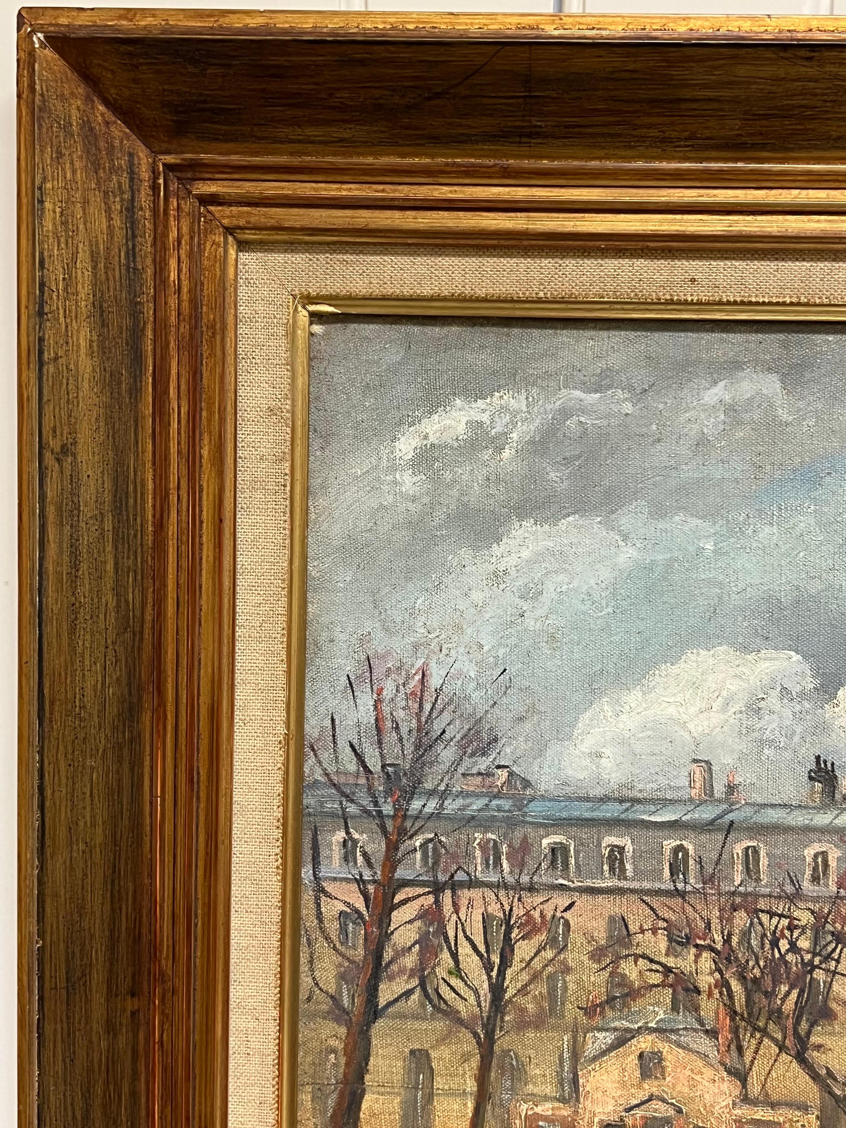 1960's French Signed Oil Figures on Parisian River Seine Island I'le de Citi For Sale 1