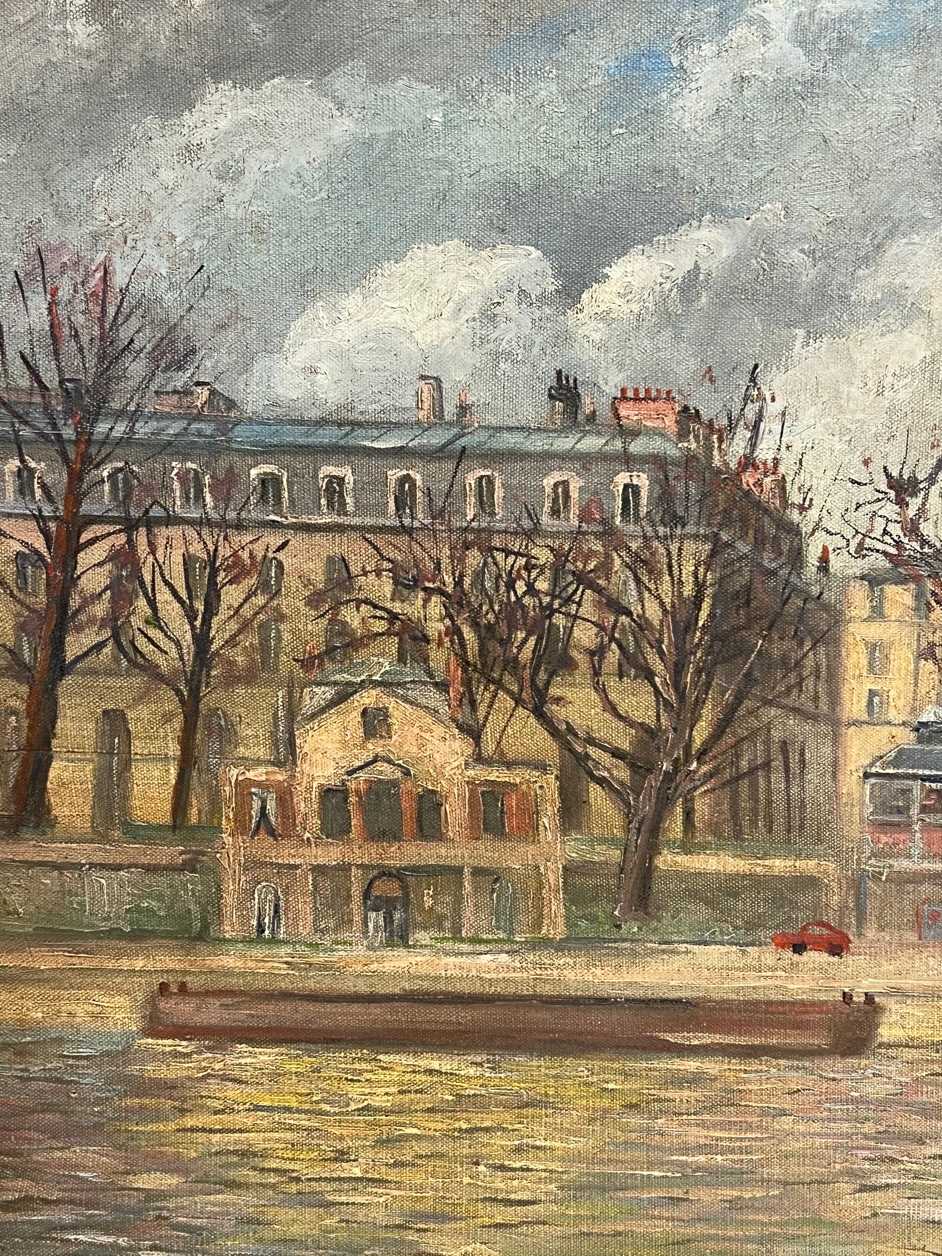 1960's French Signed Oil Figures on Parisian River Seine Island I'le de Citi For Sale 2