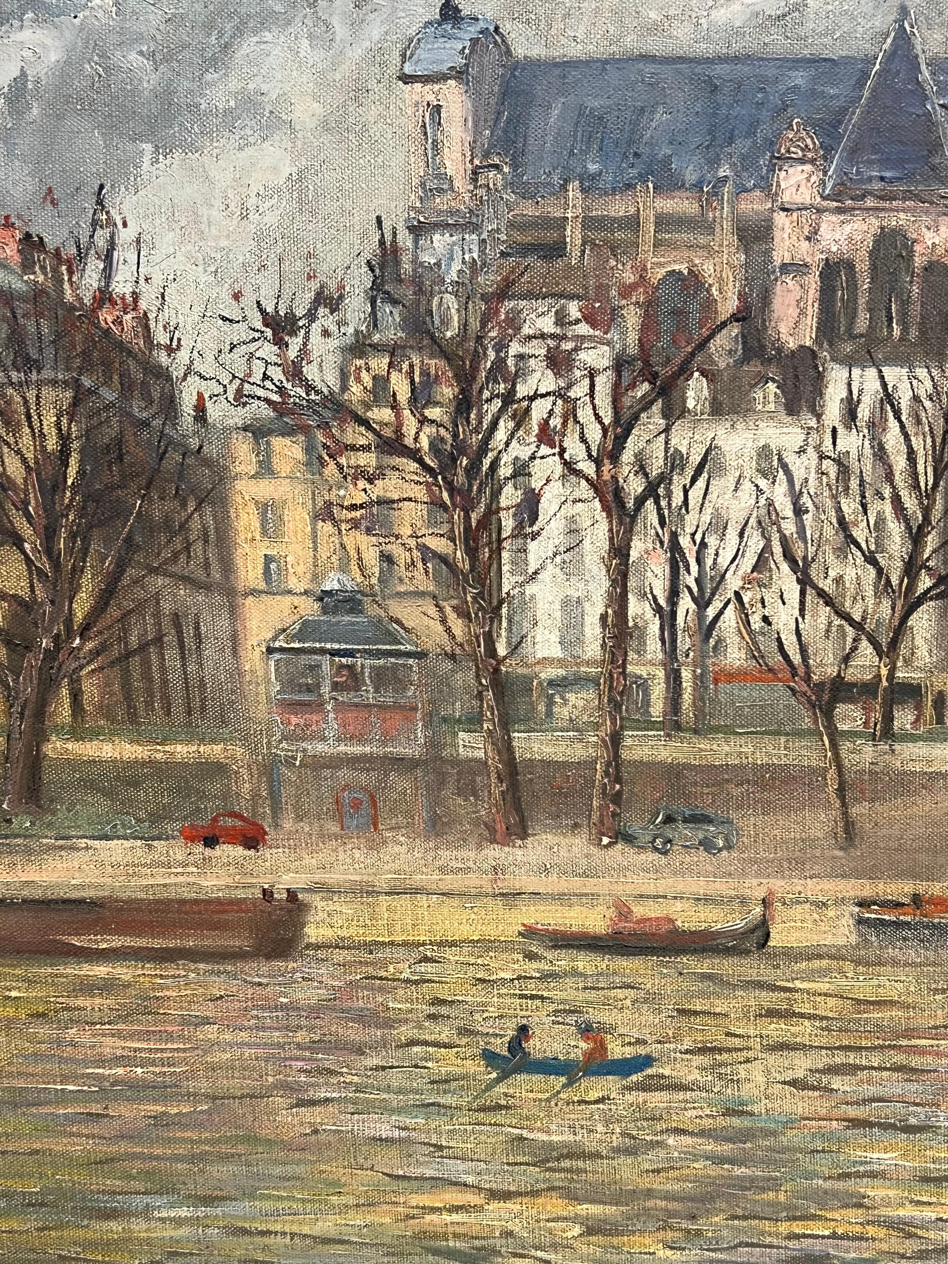 1960's French Signed Oil Figures on Parisian River Seine Island I'le de Citi For Sale 3