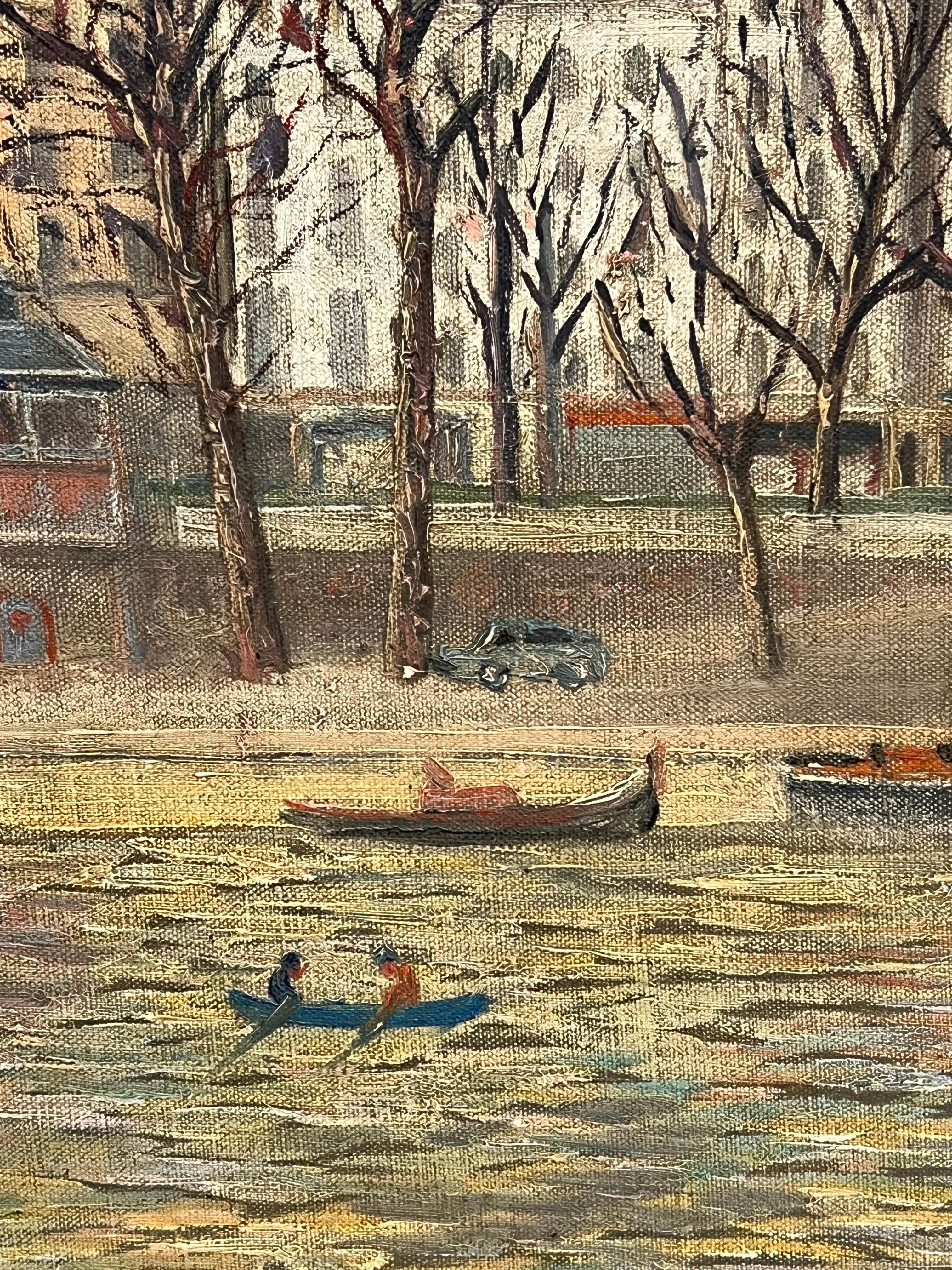 1960's French Signed Oil Figures on Parisian River Seine Island I'le de Citi For Sale 4