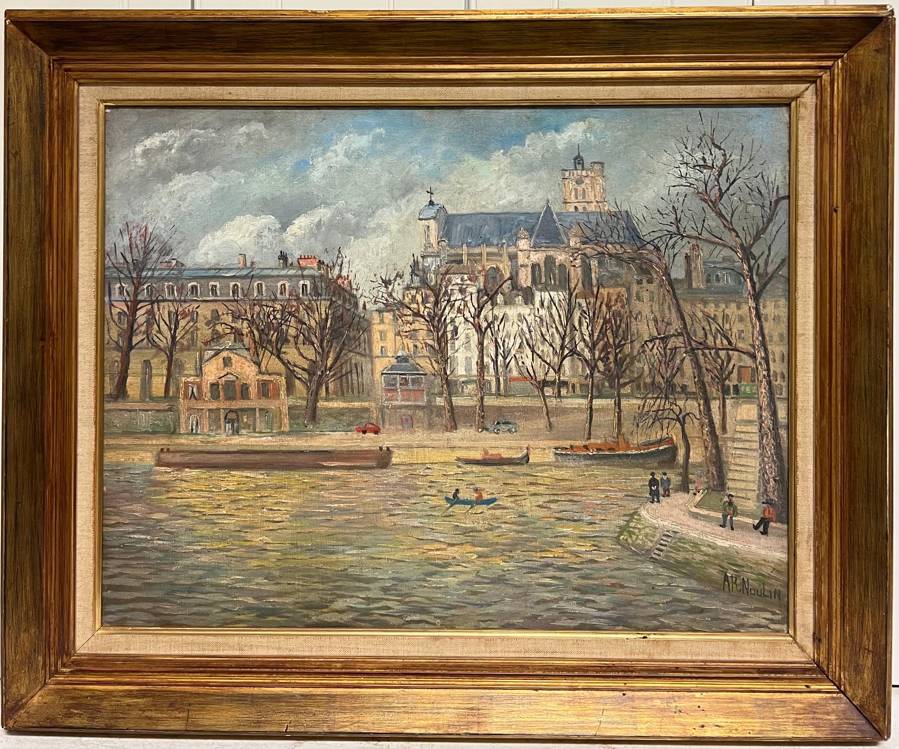 French School Figurative Painting - 1960's French Signed Oil Figures on Parisian River Seine Island I'le de Citi