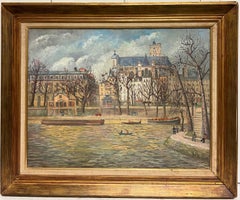 Figura ad olio francese del 1960 firmata sull'isola parigina della Senna I'le de Citi