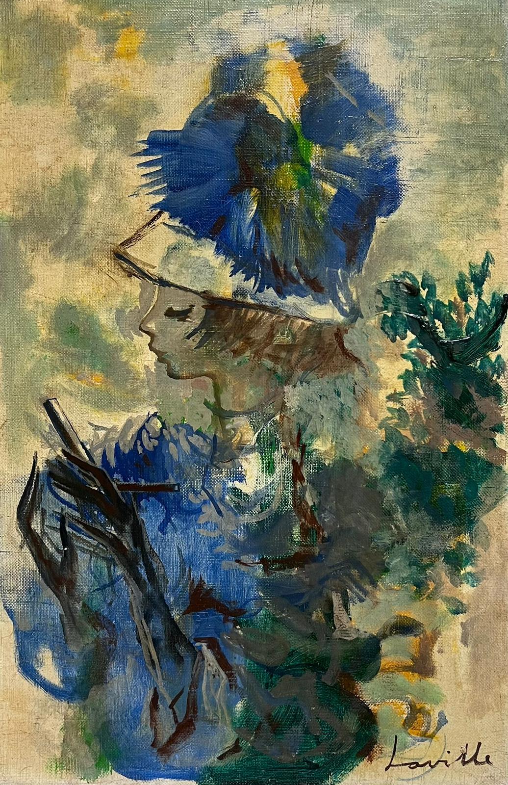 Portrait à l'huile signé d'une jeune femme au chapeau bleu, style moderniste, 1960 - Painting de French School