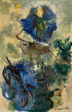 Portrait à l'huile signé d'une jeune femme au chapeau bleu, style moderniste, 1960