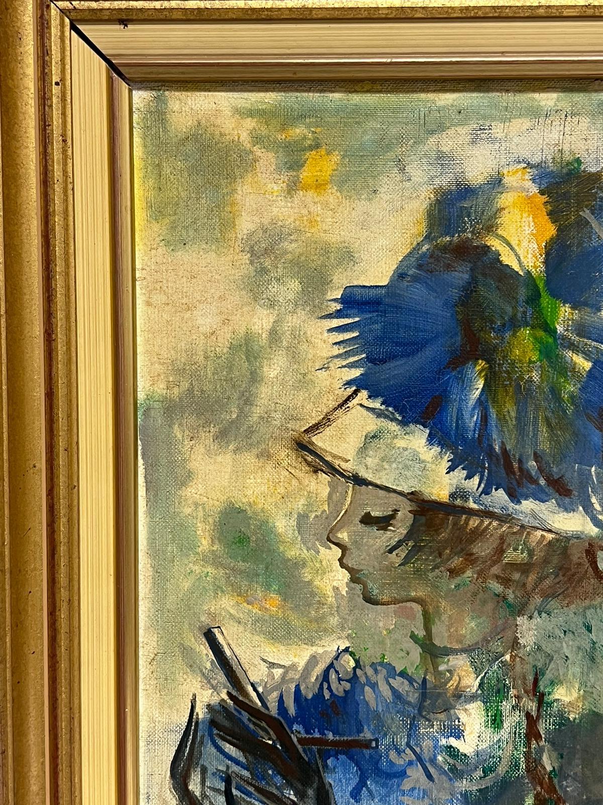 Portrait à l'huile signé d'une jeune femme au chapeau bleu, style moderniste, 1960 en vente 1