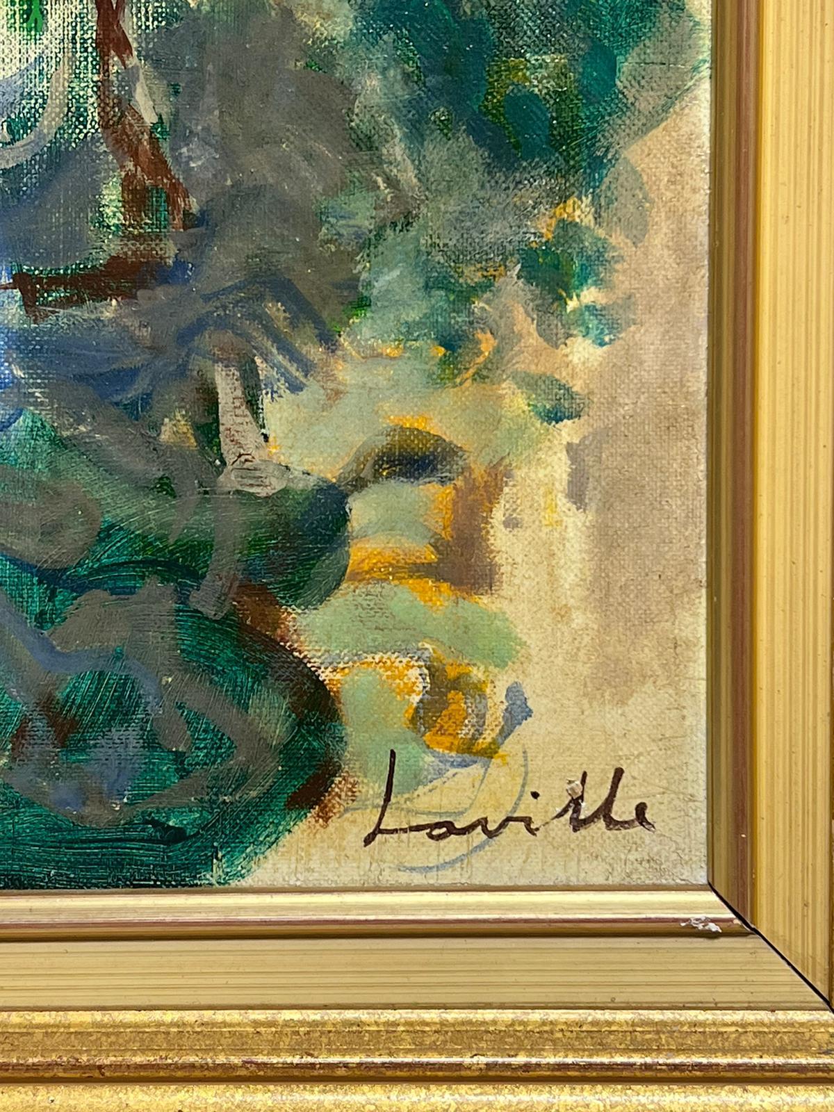 Portrait à l'huile signé d'une jeune femme au chapeau bleu, style moderniste, 1960 en vente 2
