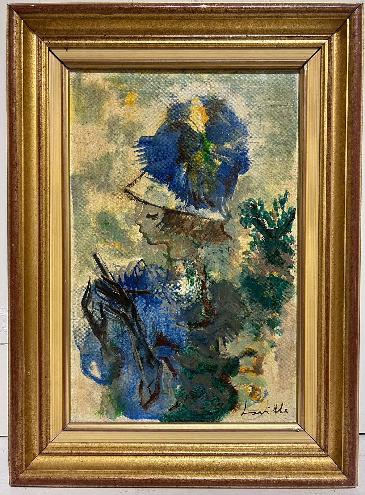 Figurative Painting French School - Portrait à l'huile signé d'une jeune femme au chapeau bleu, style moderniste, 1960