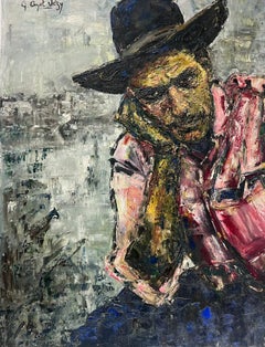 Peinture à l'huile des années 1960, signée, portrait d'un homme de caractère avec un chapeau