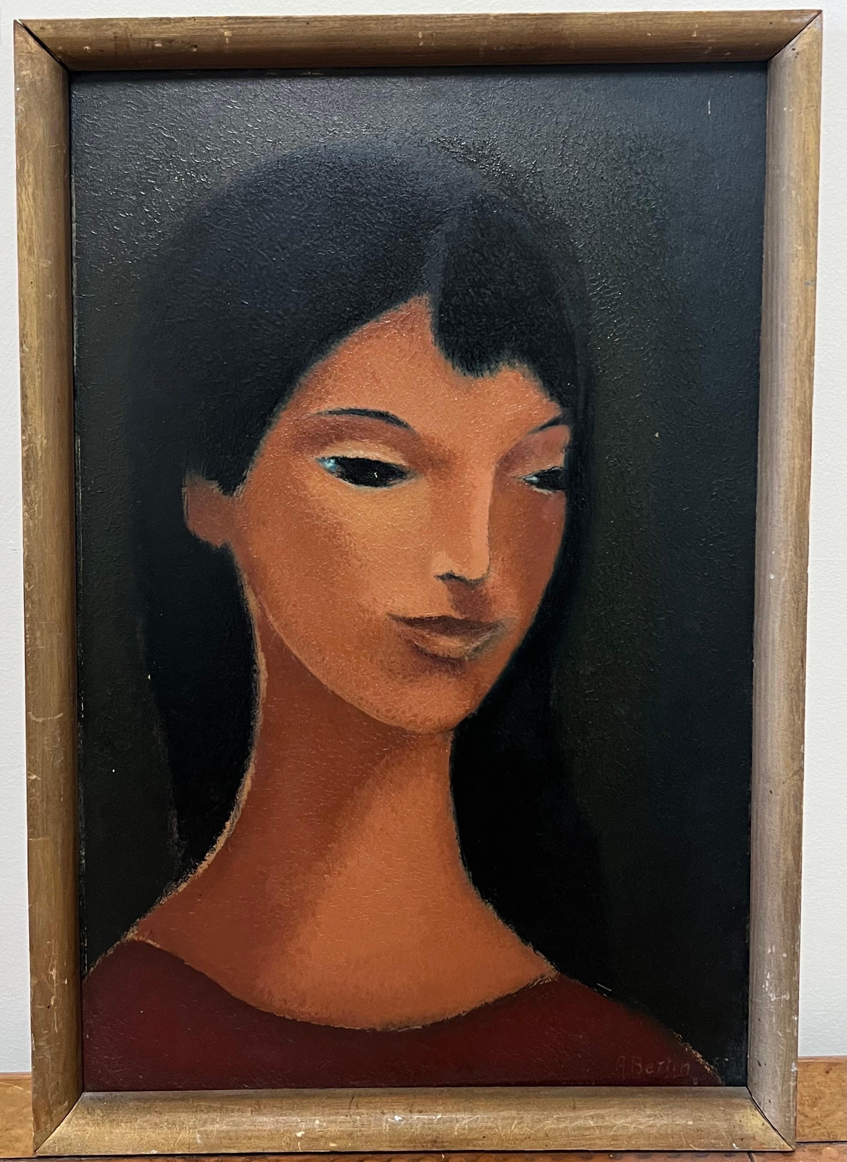 1960's French Stylish Portrait of a Woman Modernist Oil 1965 - Painting de French School