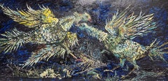Dipinto a olio modernista degli anni '60: "La lotta dei galli". 