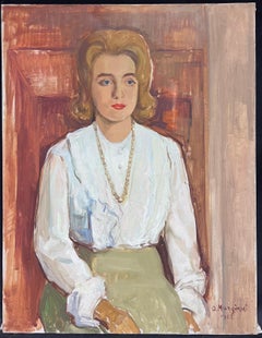 Quadro a olio firmato del 1960 raffigurante una signora elegante vestita con una camicia bianca e croccante