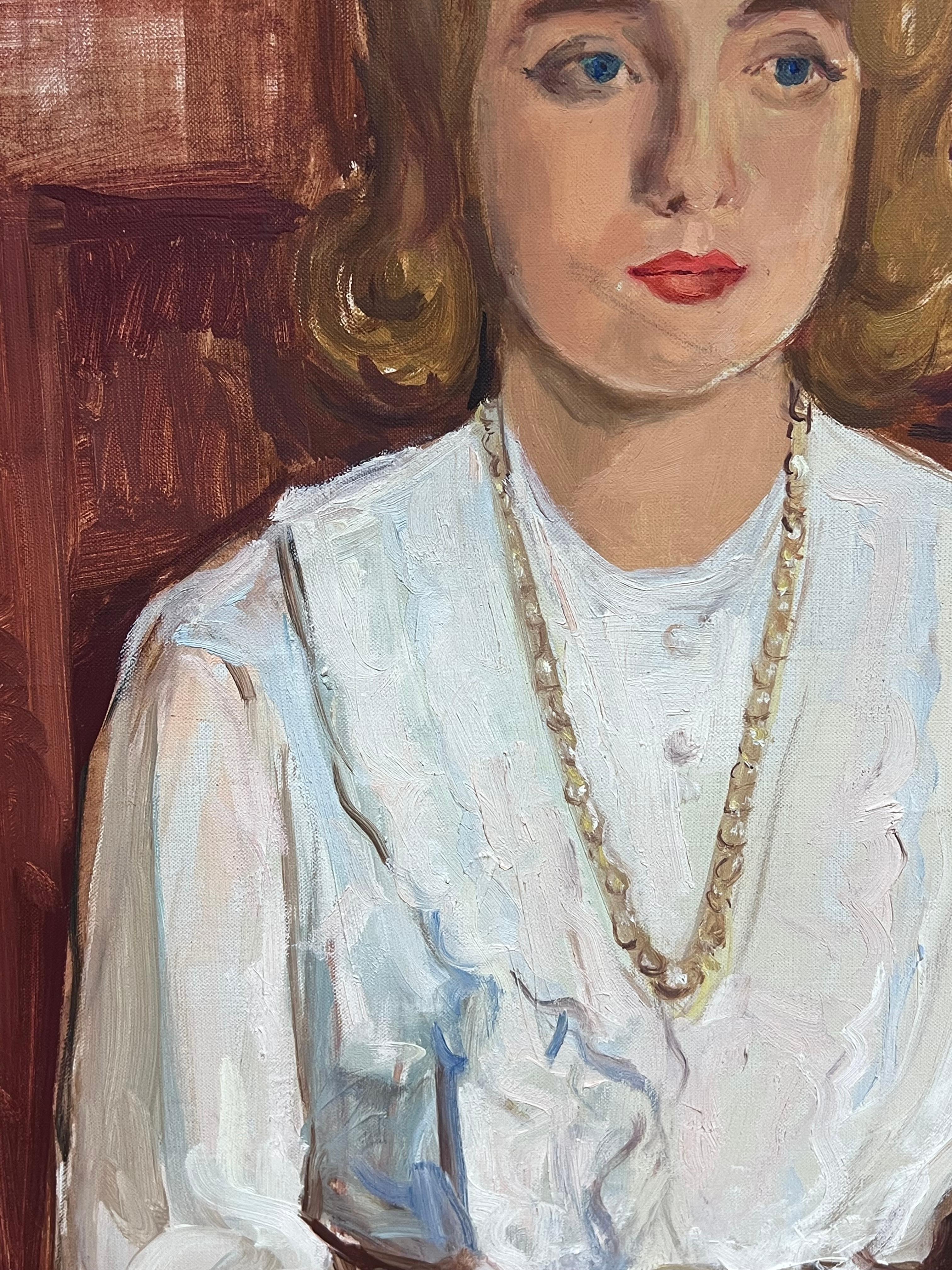 1960's Signed Oil painting of a Smart Lady Dressed in White Crisp Shirt - Post-Impressionist Painting by French School