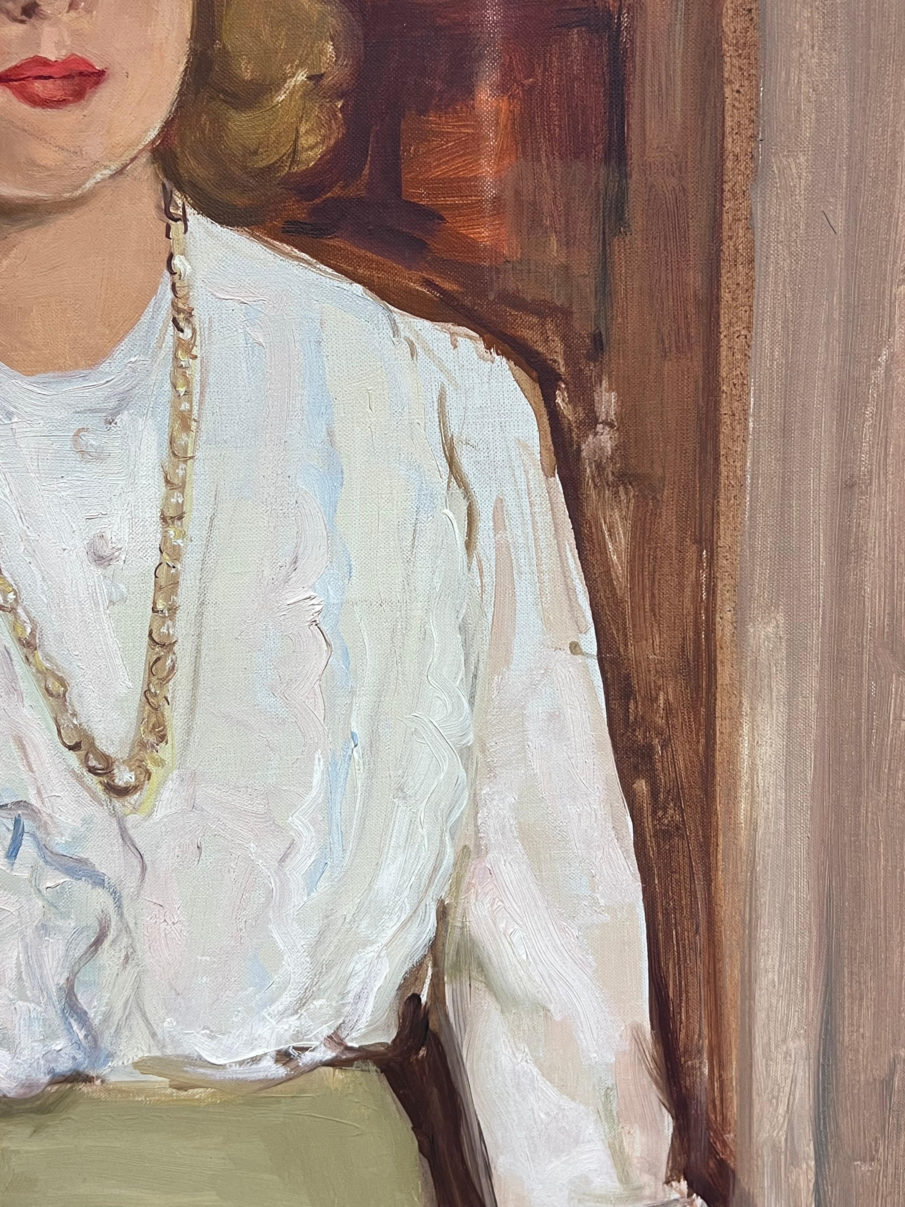 1960's Signed Oil painting of a Smart Lady Dressed in White Crisp Shirt - Brown Portrait Painting by French School