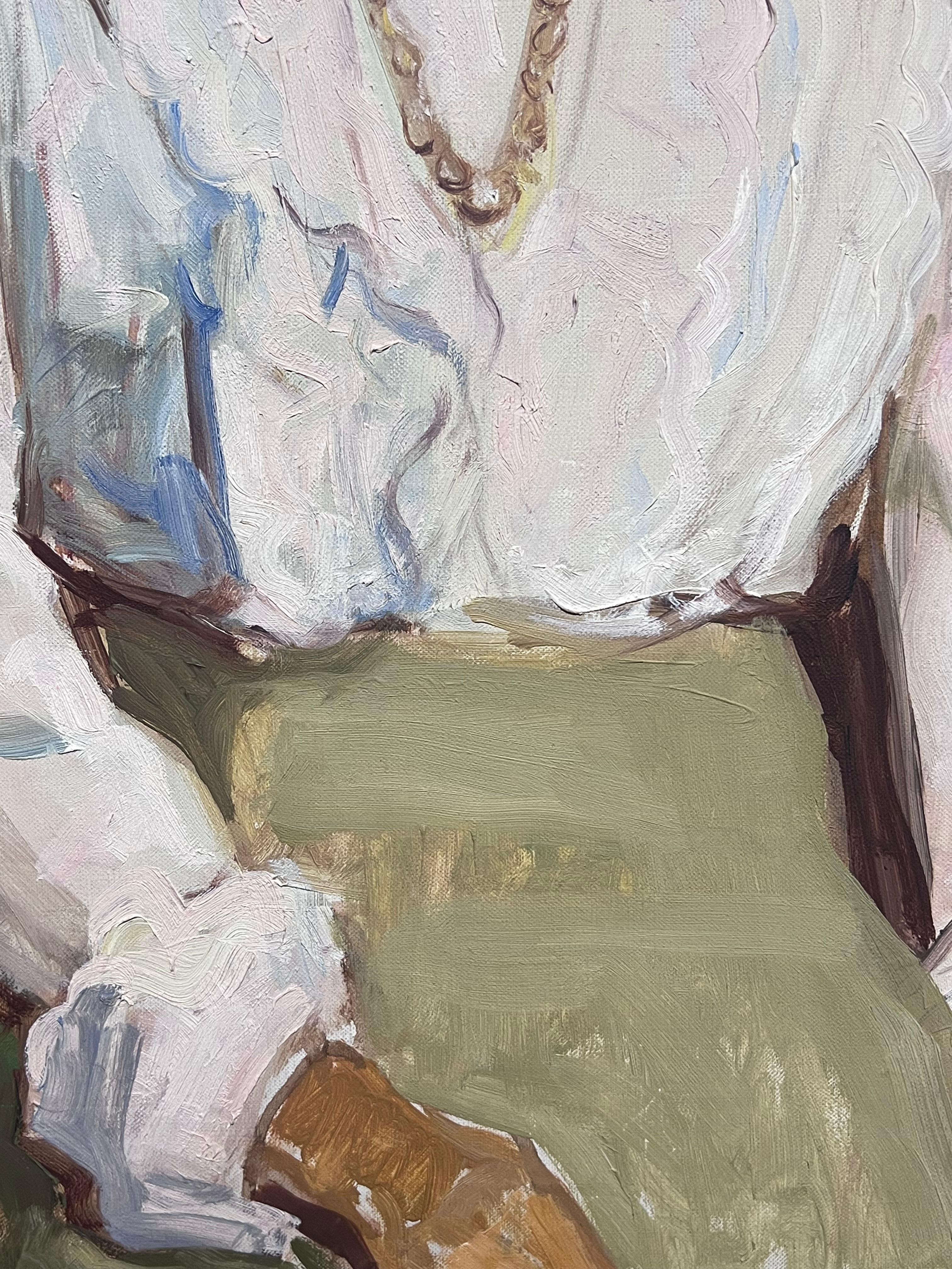1960's Signed Oil painting of a Smart Lady Dressed in White Crisp Shirt For Sale 1