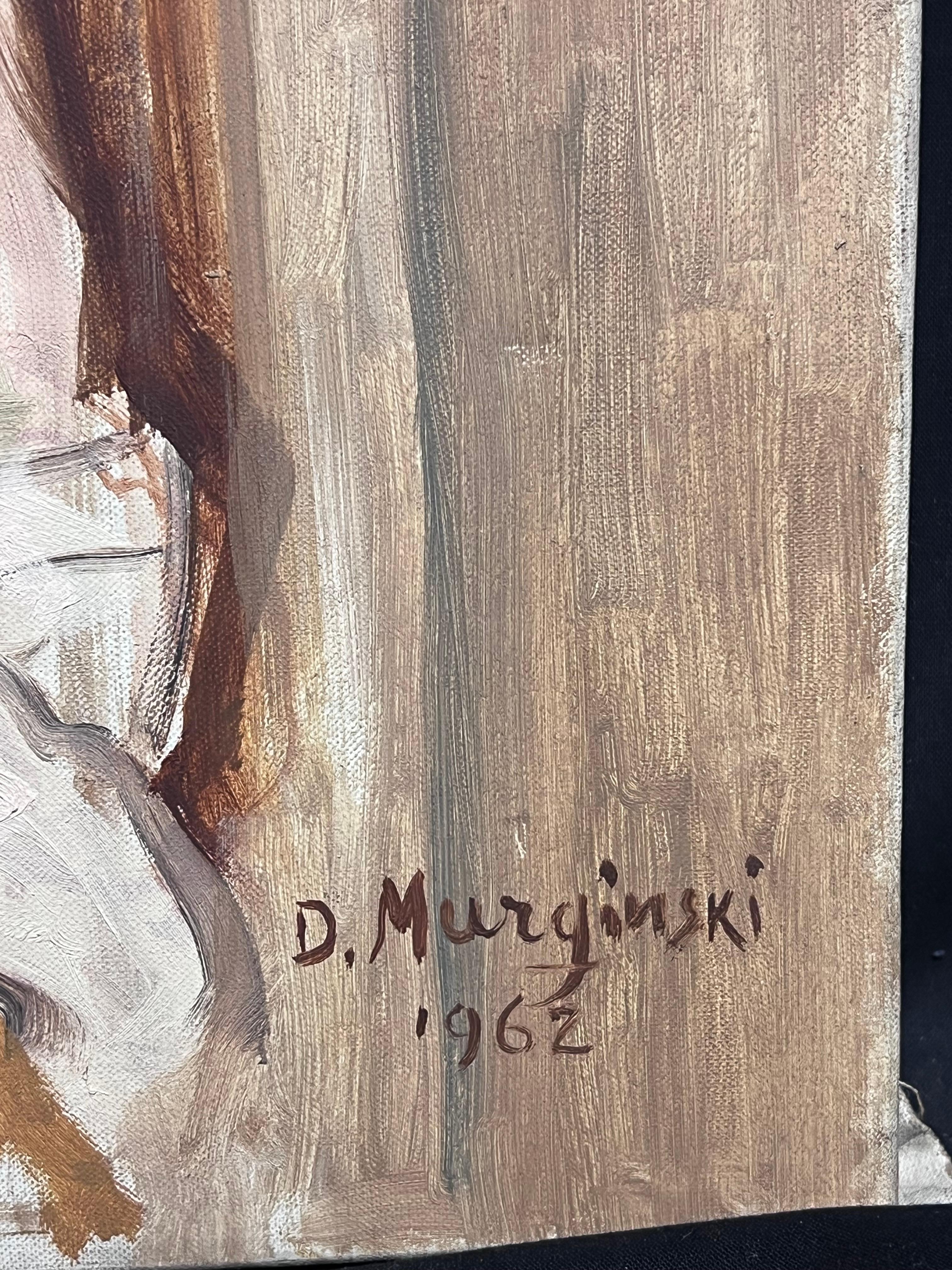 1960's Signed Oil painting of a Smart Lady Dressed in White Crisp Shirt For Sale 2