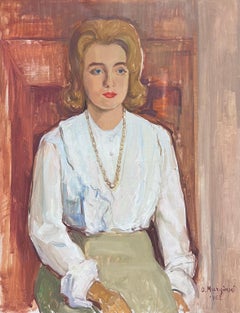 Pintura al óleo firmada de los años 60 de una dama elegante vestida con camisa blanca crujiente