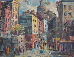 1960's Vibrant Paris Busy Street Scene Large Oil Painting in Modern Frame