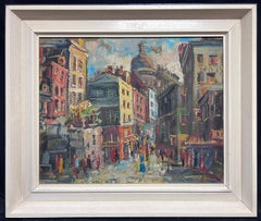 1960's Vibrant Paris Busy Street Scene Large Oil Painting in Modern Frame