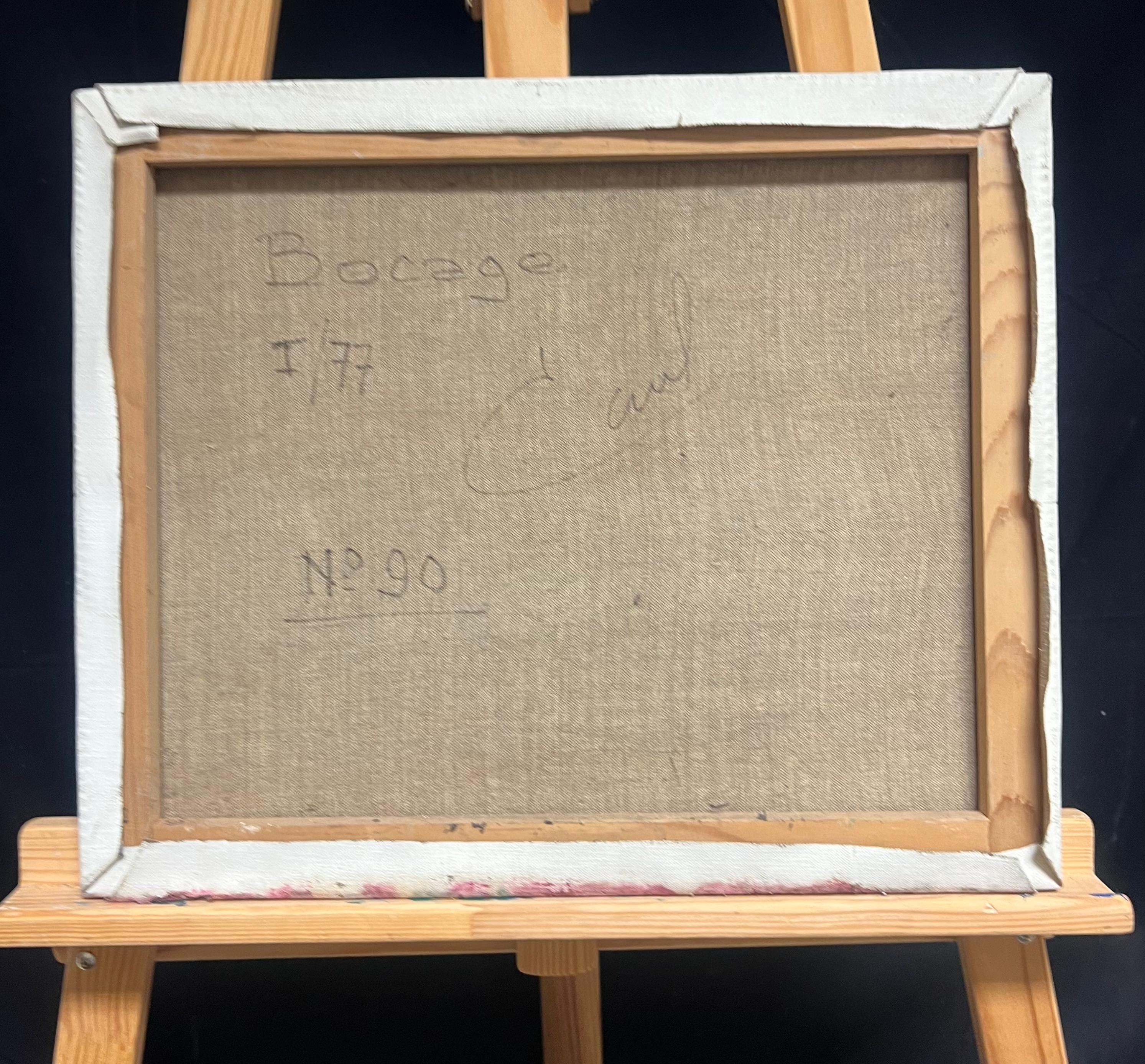 1970 Colorful Abstract Orange Field Landscape with Trees Textured Oil Painting (Pittura a olio con texture) in vendita 7