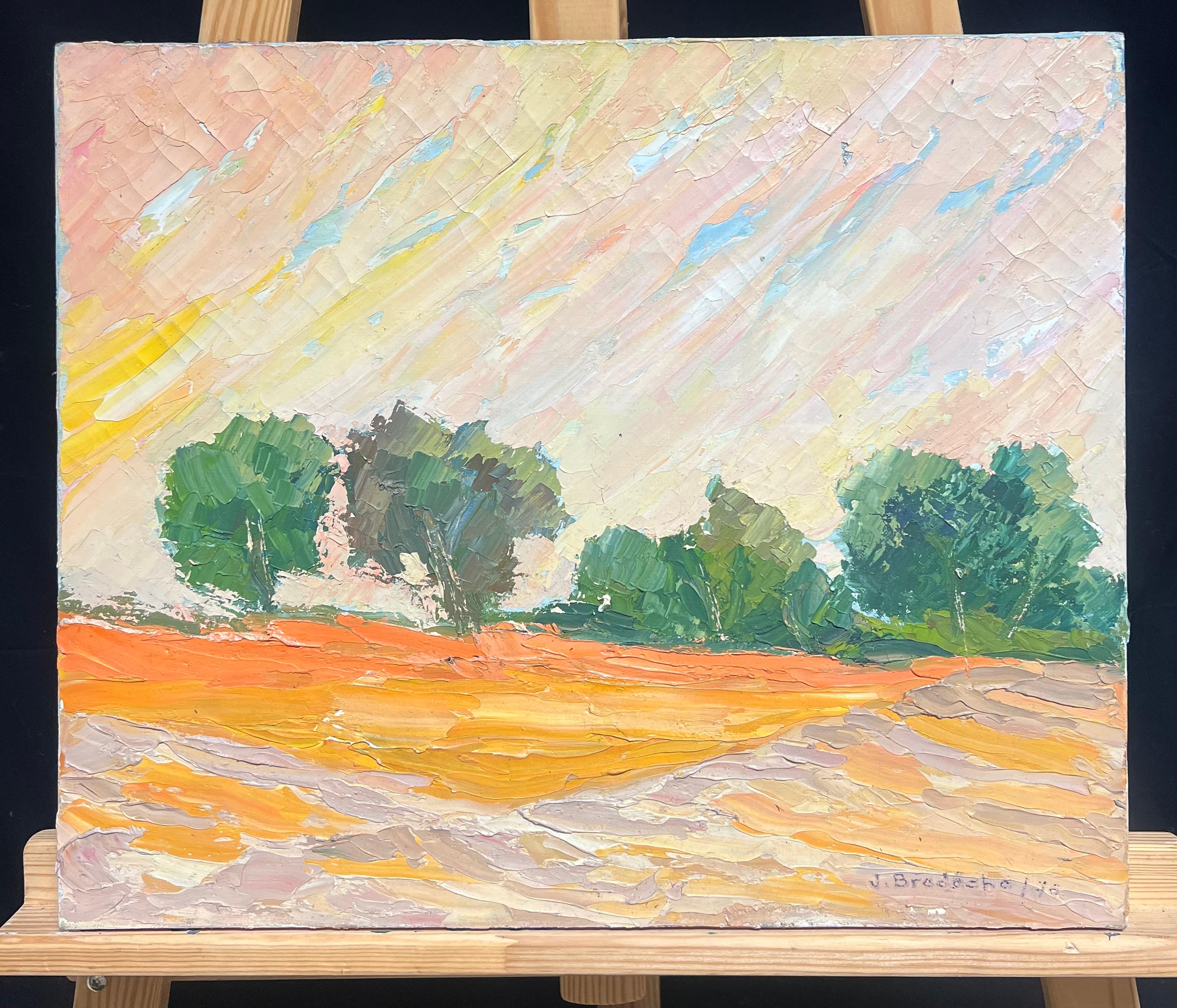 1970 Colorful Abstract Orange Field Landscape with Trees Textured Oil Painting (Pittura a olio con texture) - Landscape Painting Beige di French School