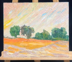 1970's Colorful Abstract Orange Field Landscape with Trees Textured Oil Painting