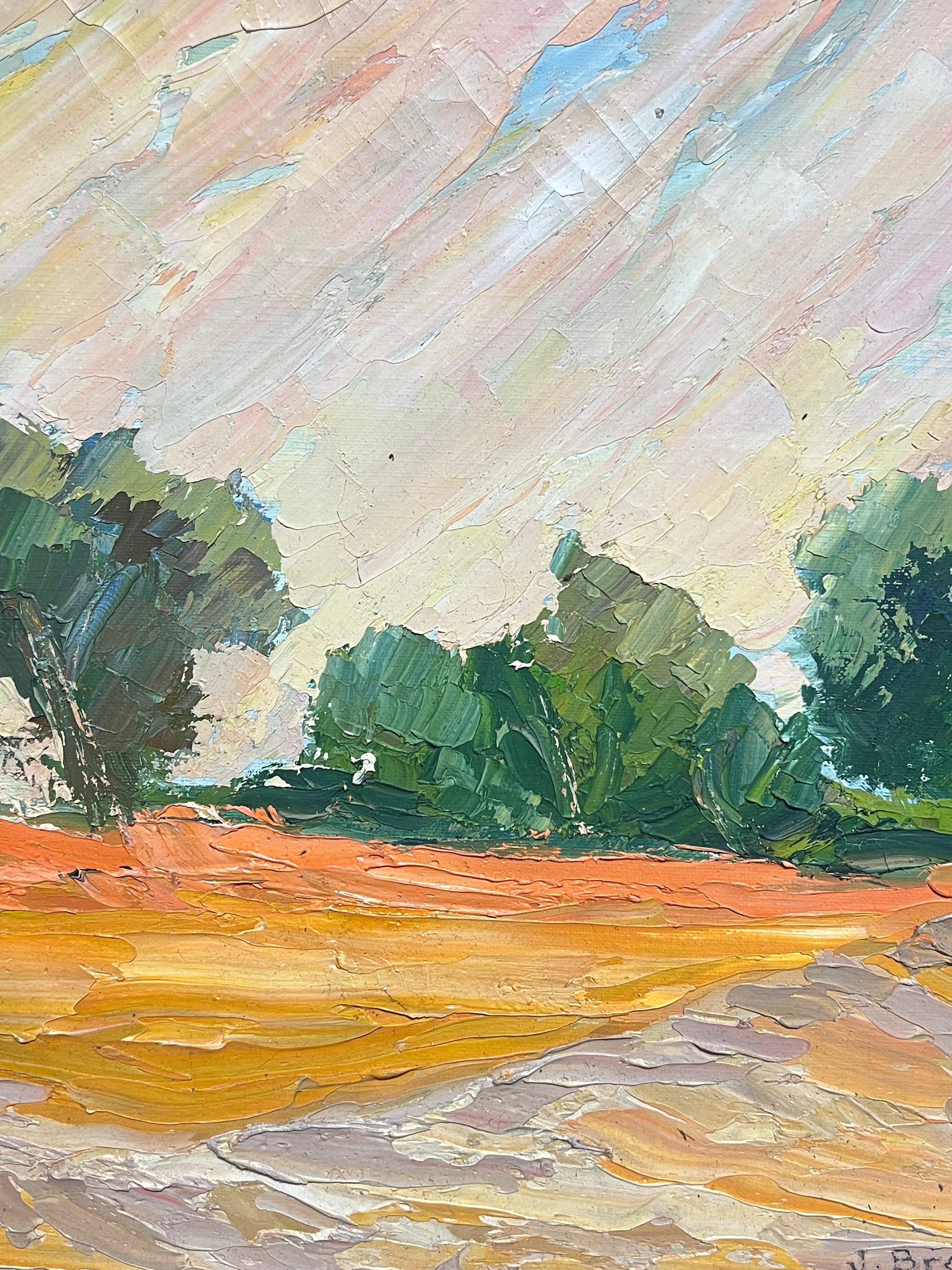 1970 Colorful Abstract Orange Field Landscape with Trees Textured Oil Painting (Pittura a olio con texture) in vendita 1