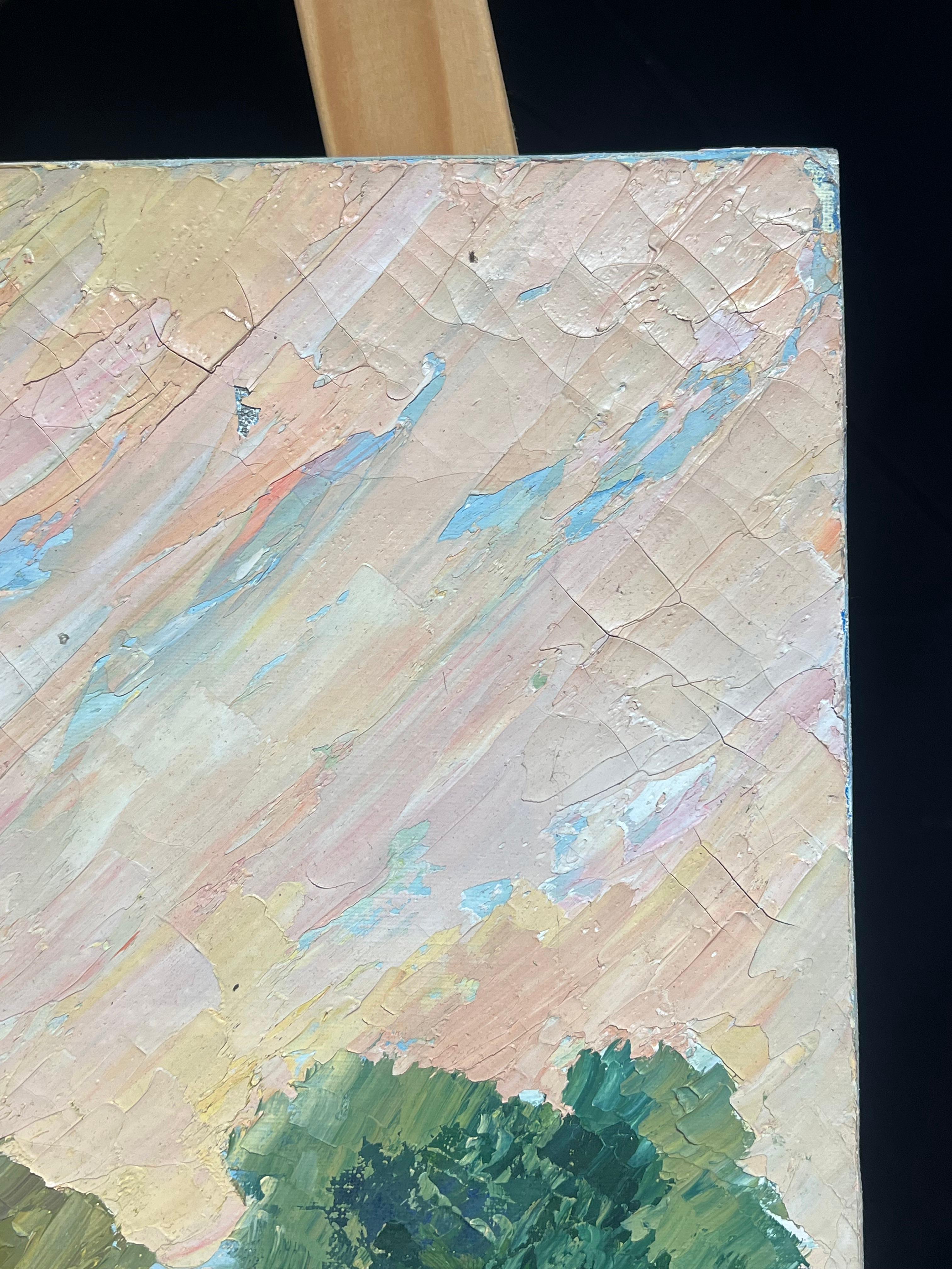 1970 Colorful Abstract Orange Field Landscape with Trees Textured Oil Painting (Pittura a olio con texture) in vendita 2