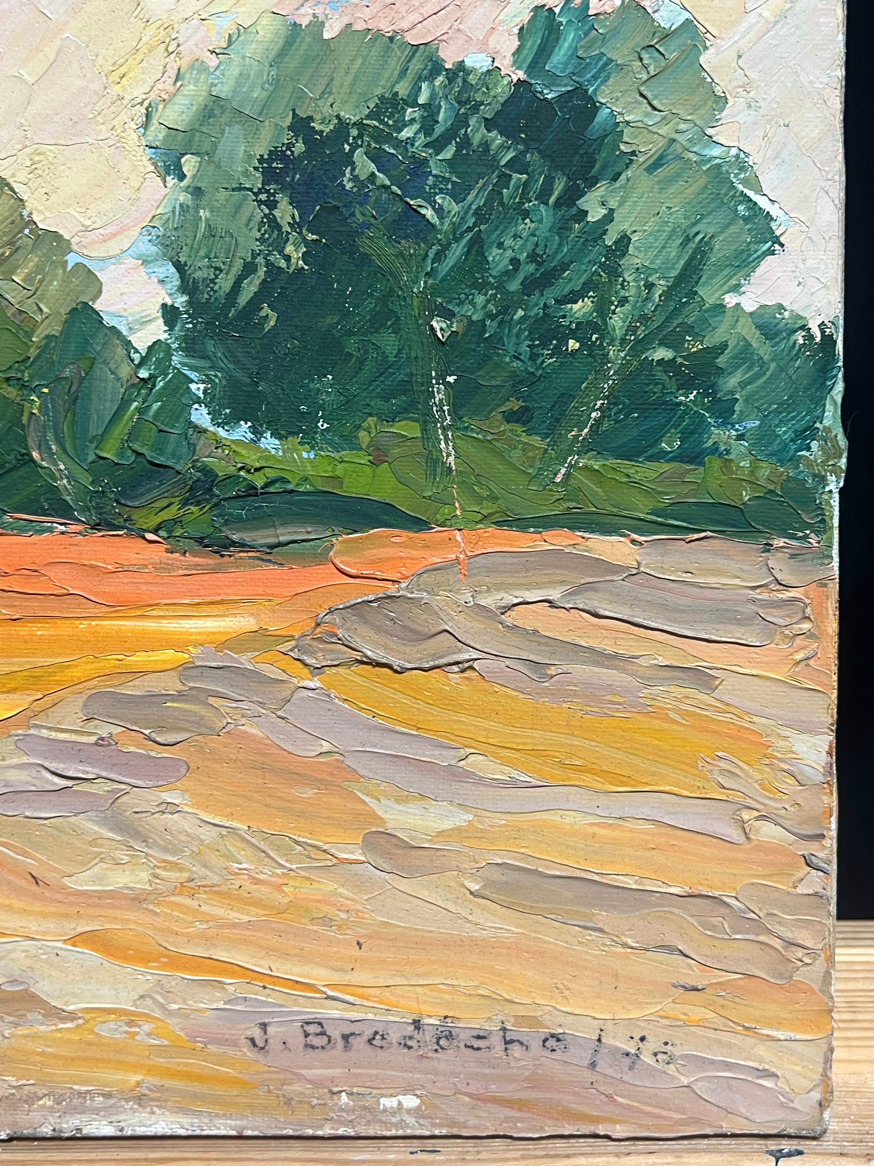 1970 Colorful Abstract Orange Field Landscape with Trees Textured Oil Painting (Pittura a olio con texture) in vendita 3