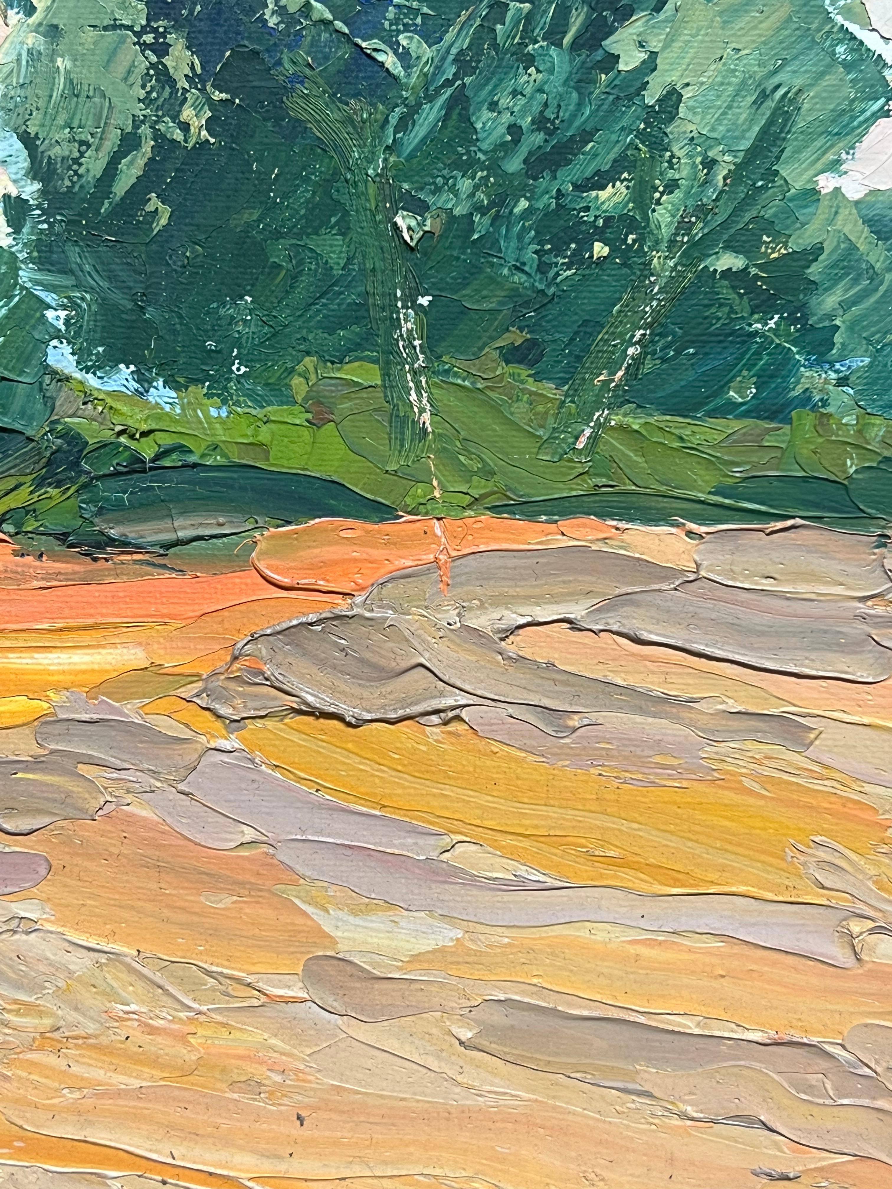 1970 Colorful Abstract Orange Field Landscape with Trees Textured Oil Painting (Pittura a olio con texture) in vendita 4