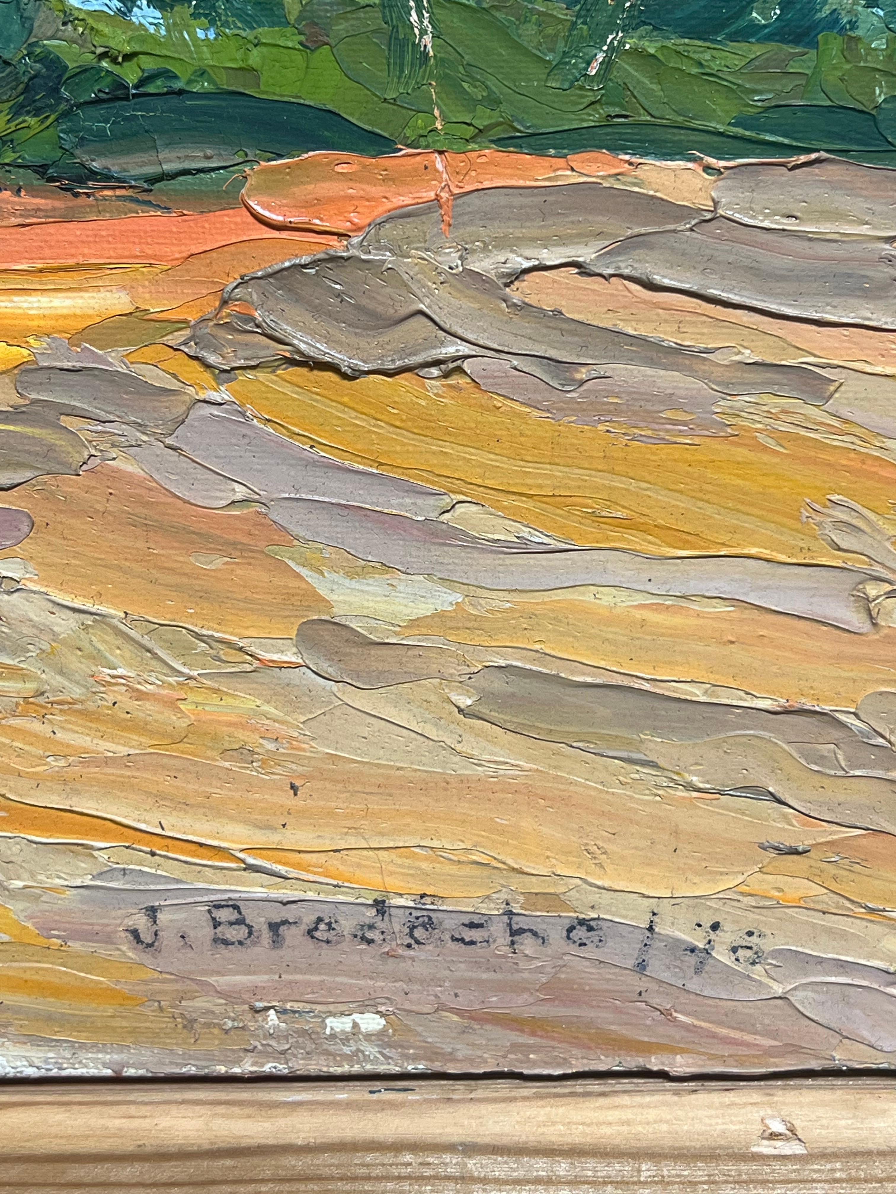 1970 Colorful Abstract Orange Field Landscape with Trees Textured Oil Painting (Pittura a olio con texture) in vendita 5