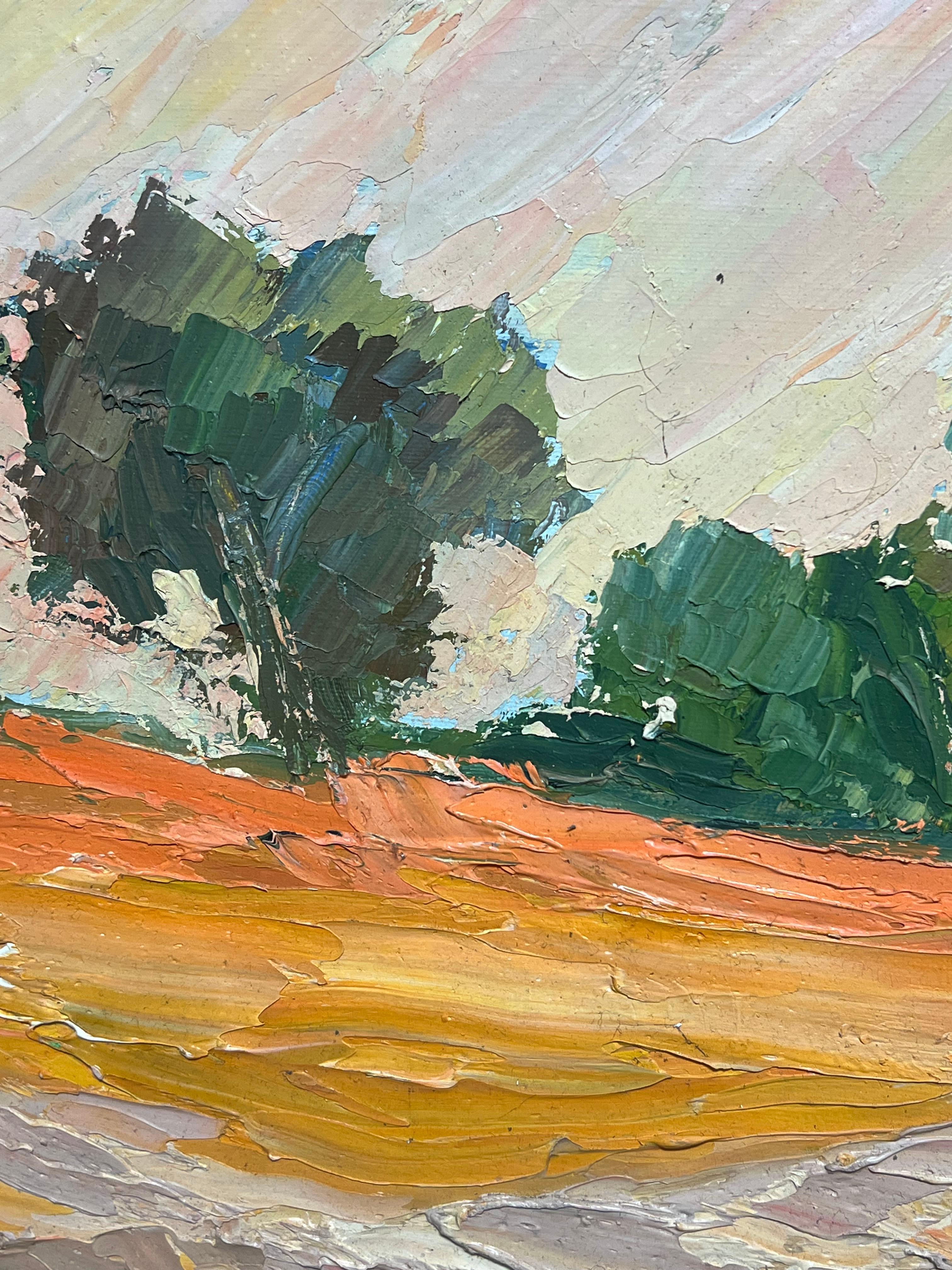 1970 Colorful Abstract Orange Field Landscape with Trees Textured Oil Painting (Pittura a olio con texture) in vendita 6