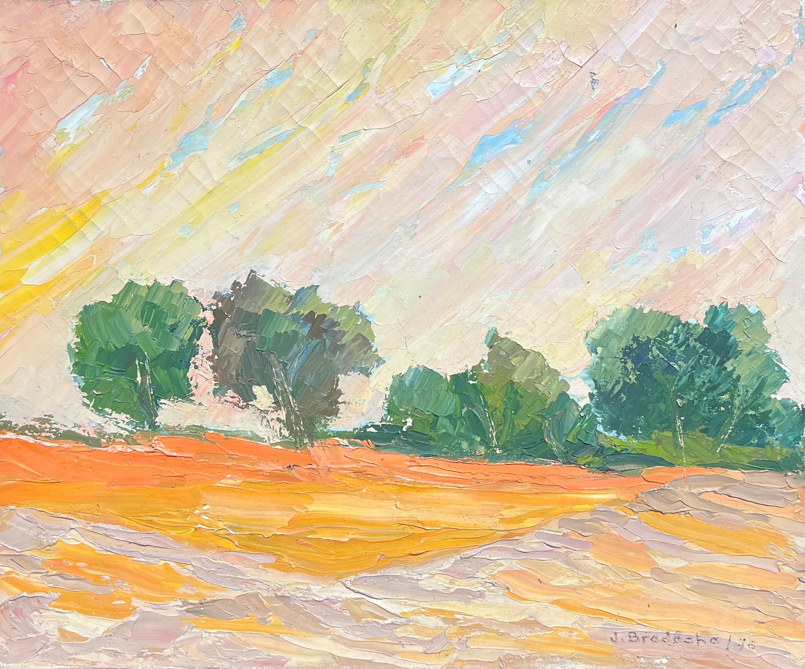 Peinture à l'huile abstraite colorée des années 1970, paysage de champs orange avec arbres, texturée